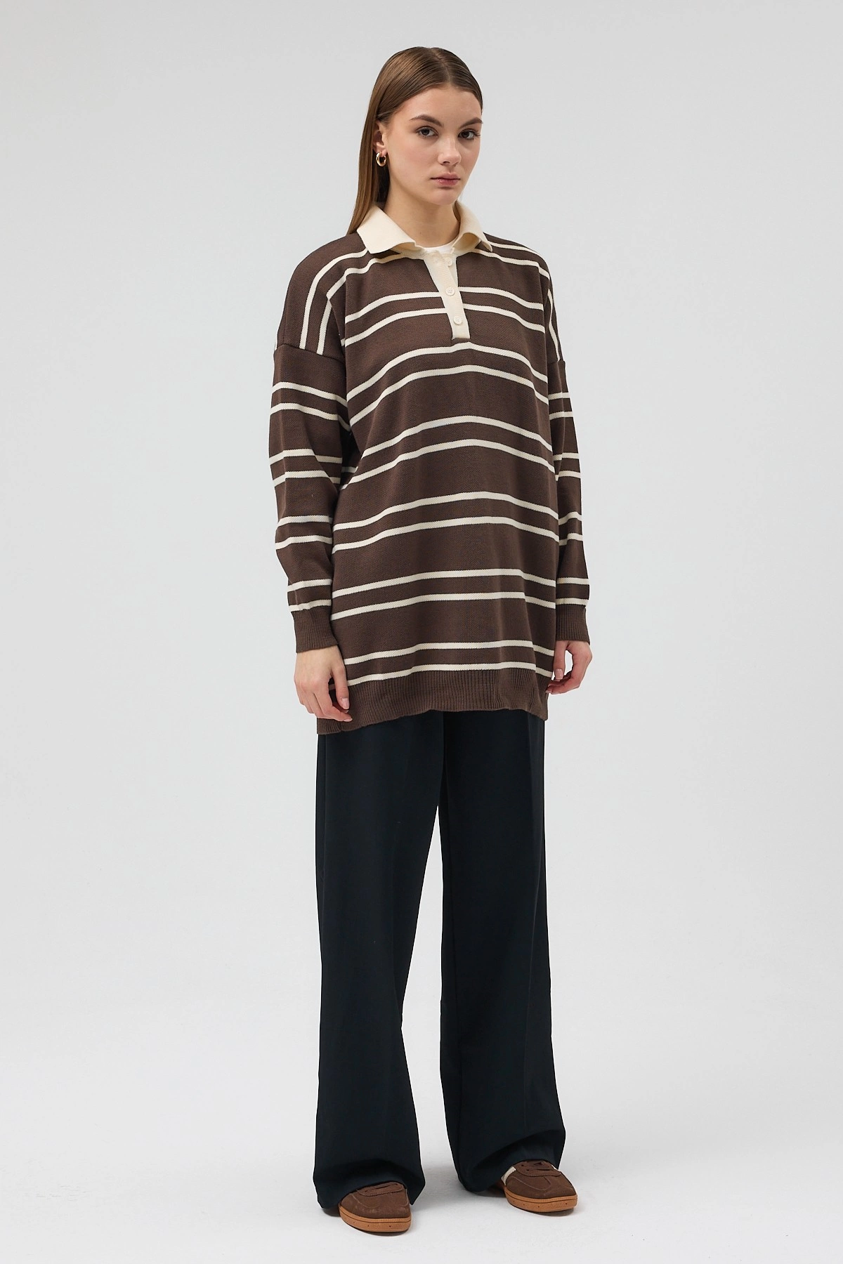 Qanu Çizgili Triko Kahverengi - Tesettür Giyim