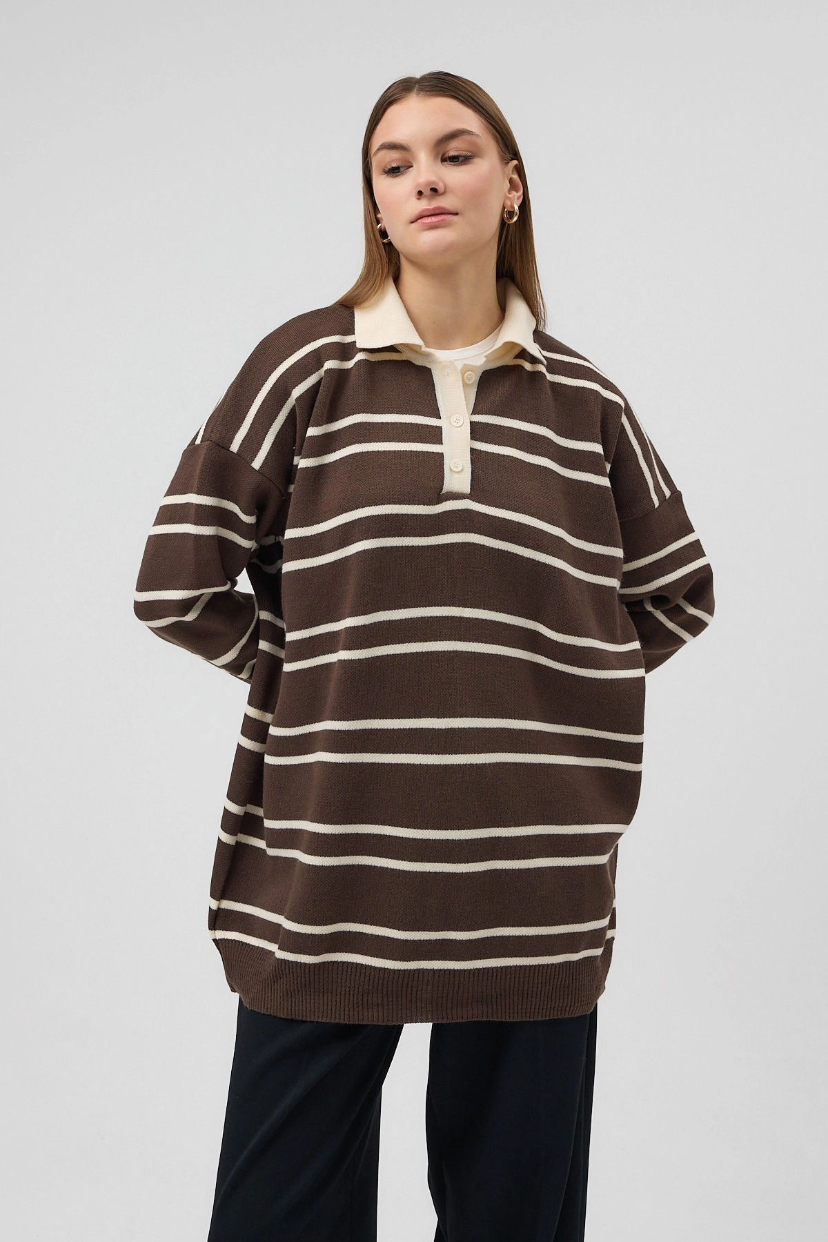 Qanu Çizgili Triko Kahverengi - Tesettür Giyim