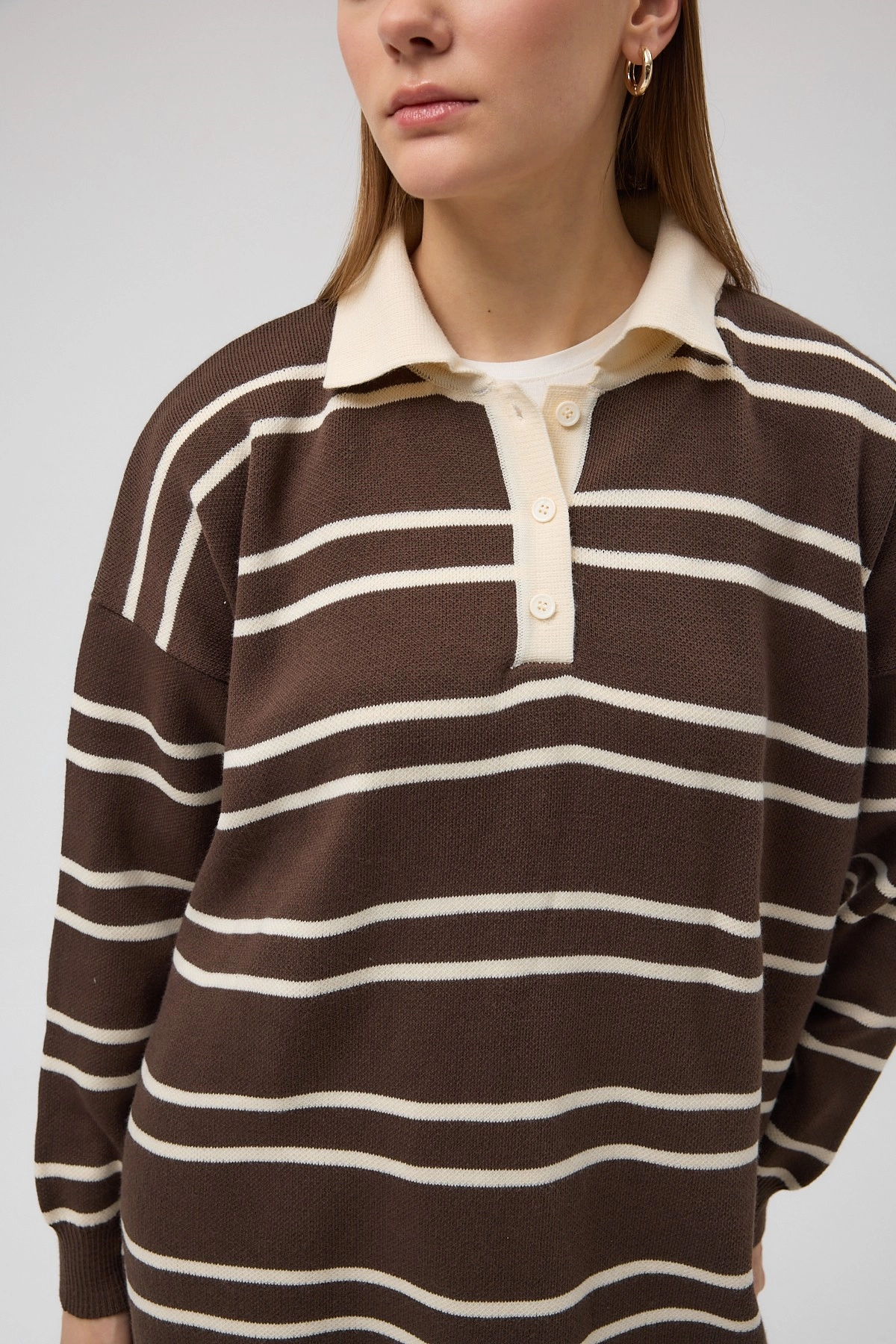 Qanu Çizgili Triko Kahverengi - Tesettür Giyim