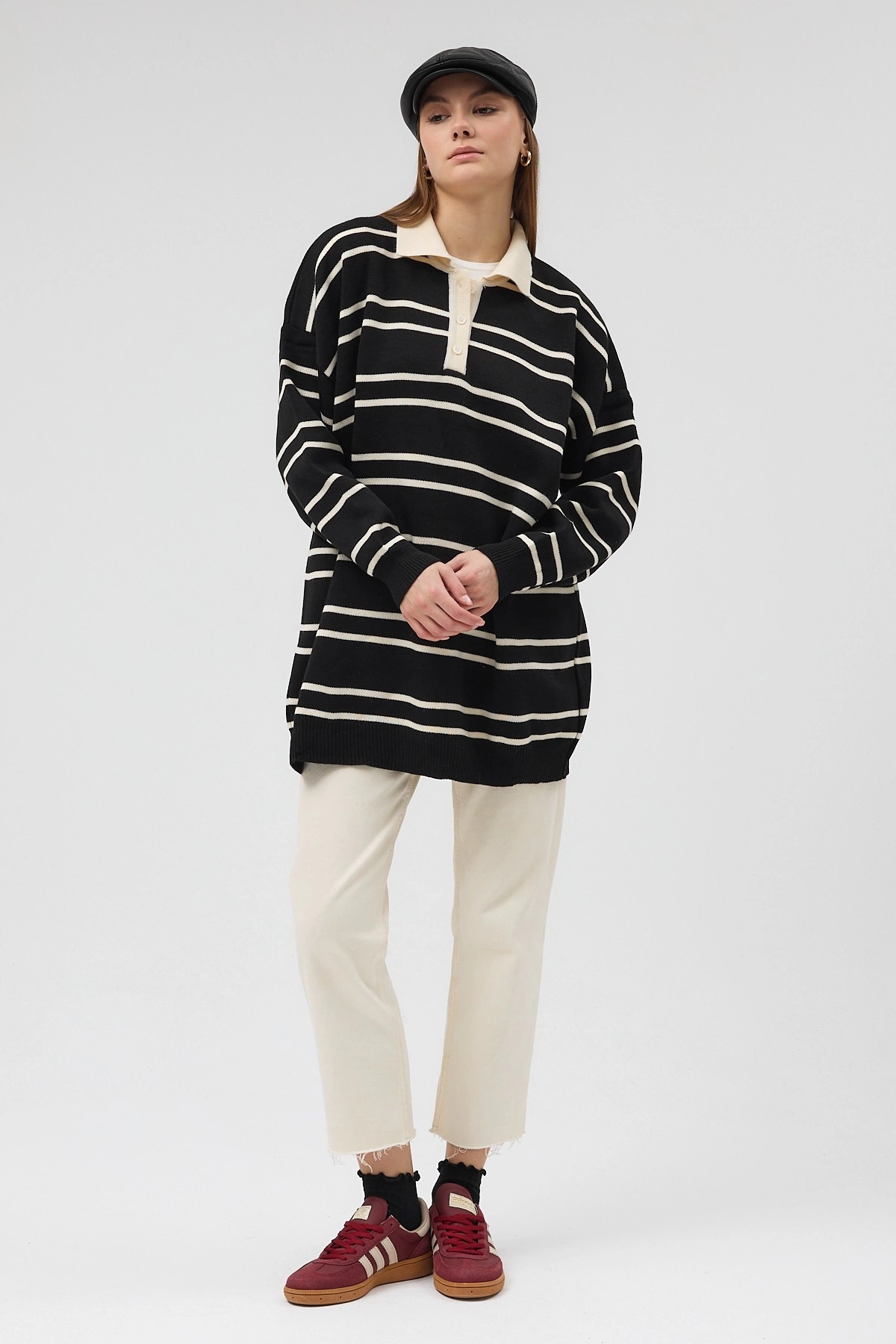 Qanu Çizgili Triko Siyah