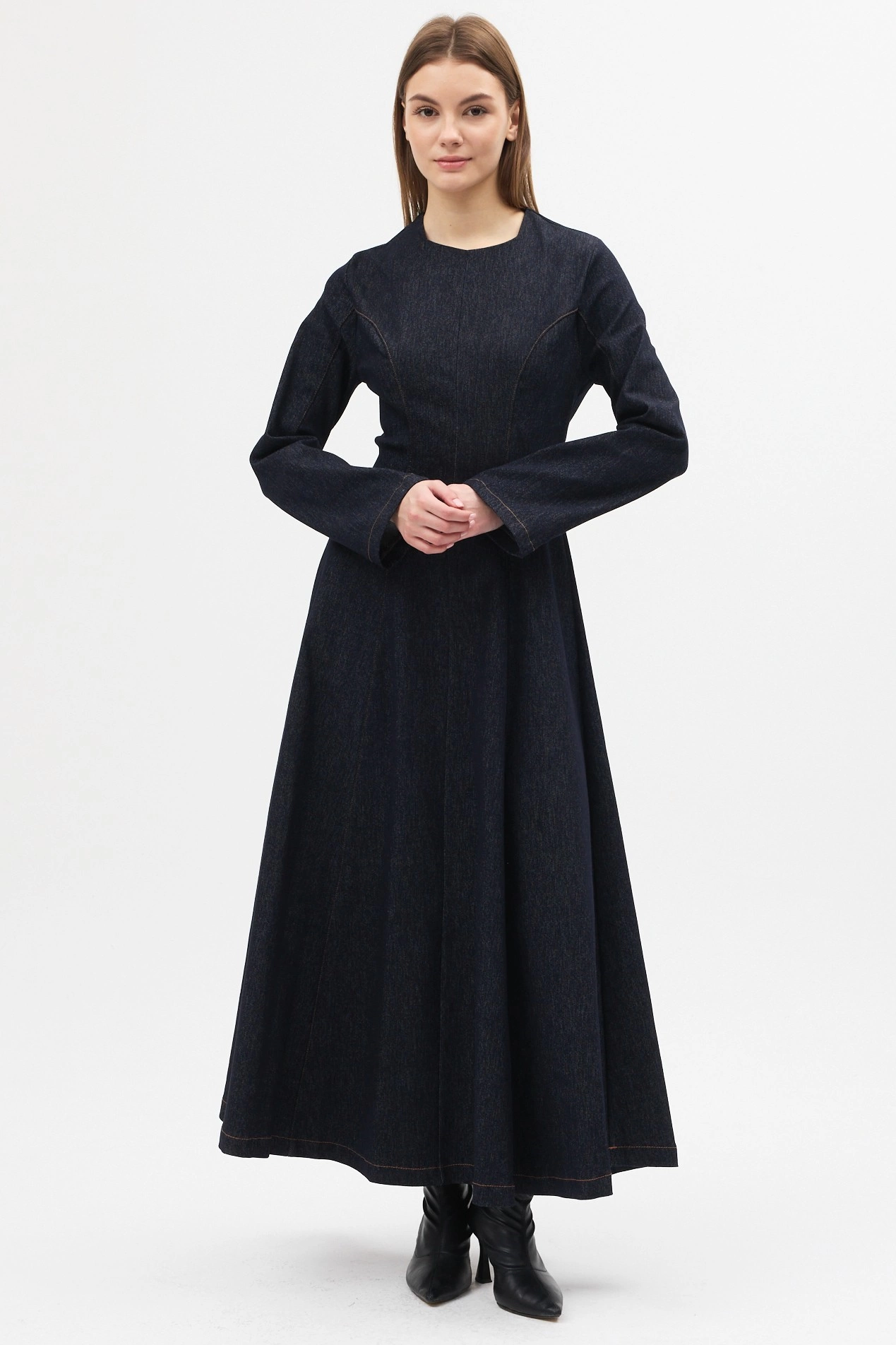 Qanu Denim Elbise Koyu Mavi - Tesettür Giyim