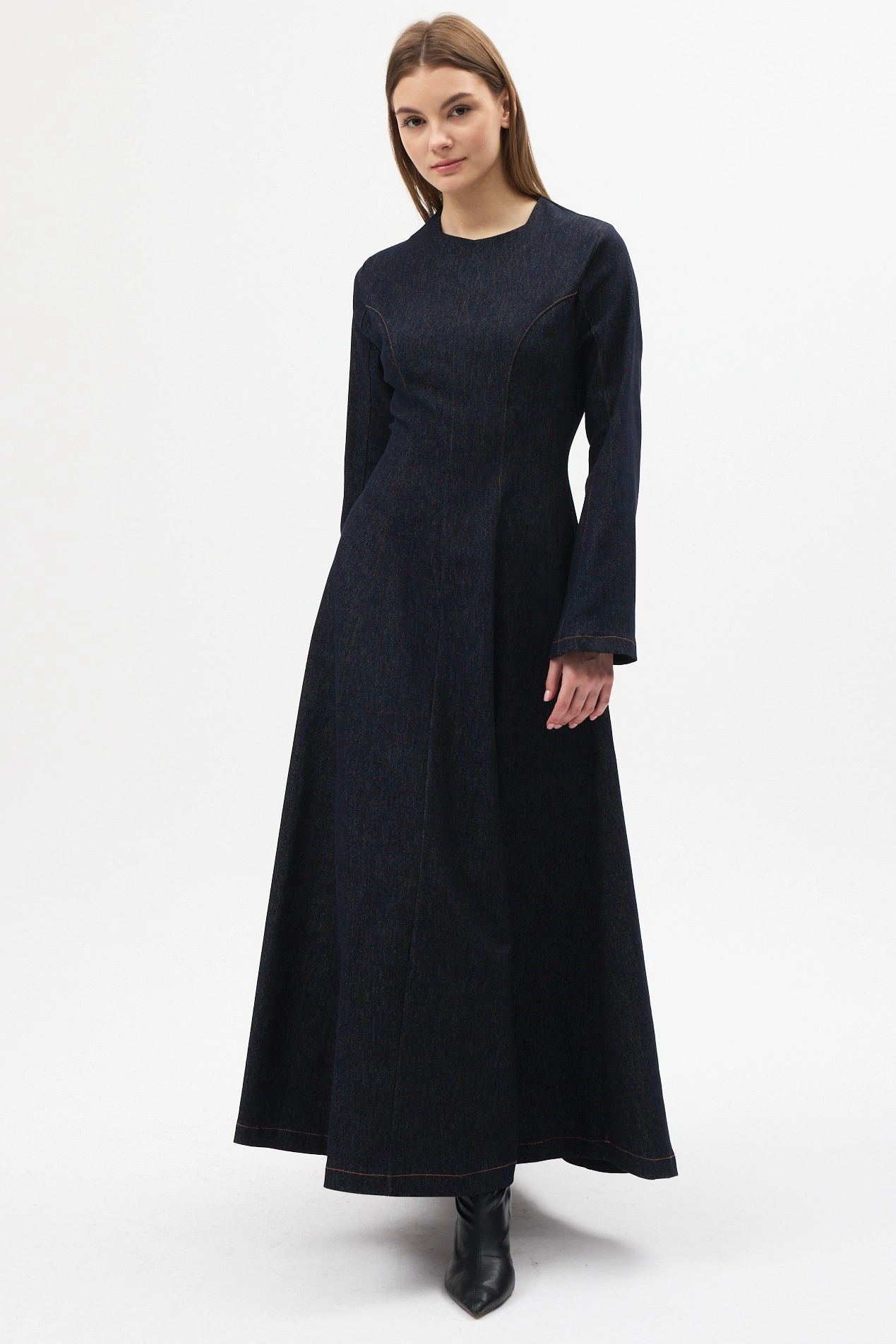 Qanu Denim Elbise Koyu Mavi - Tesettür Giyim