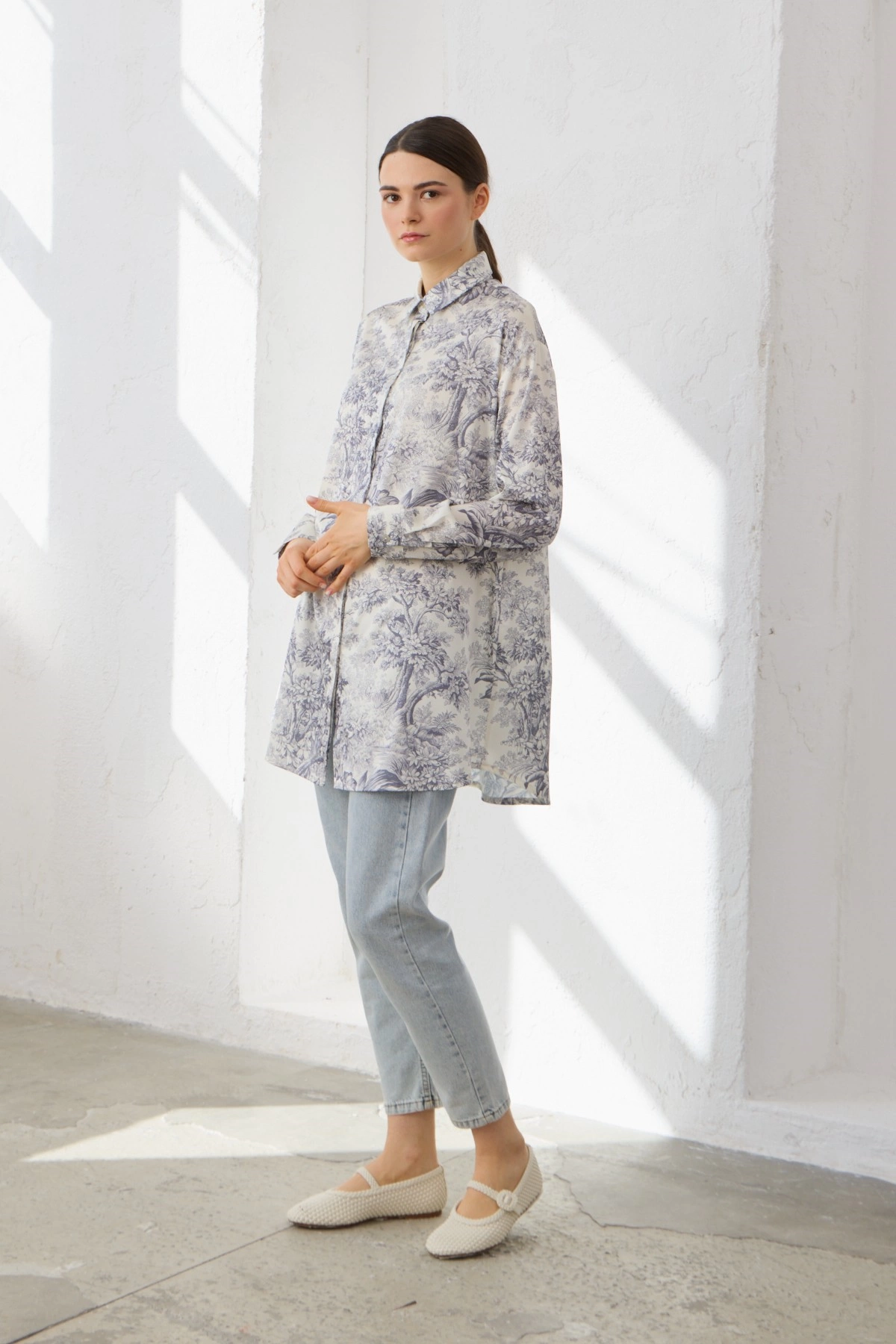 Qanu Desenli Gömlek Beyaz