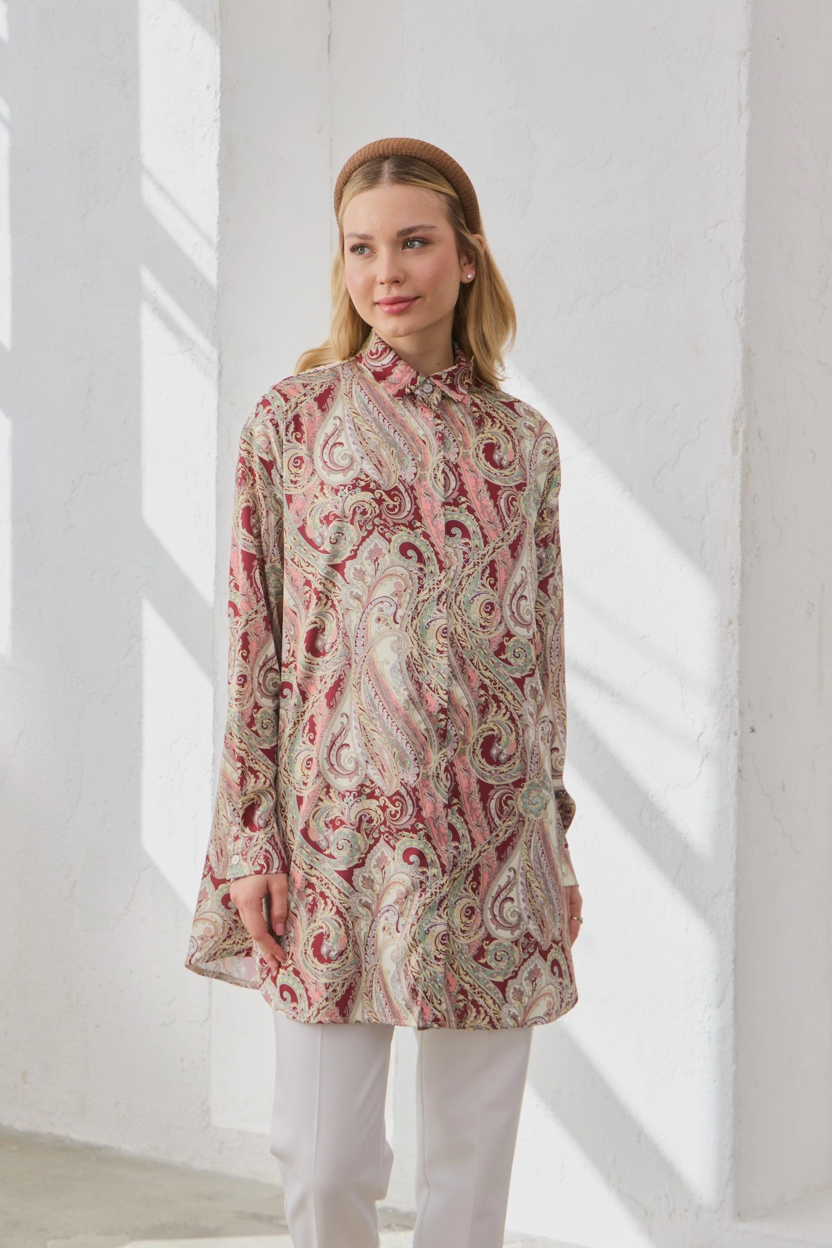 Qanu Desenli Gömlek Bordo 