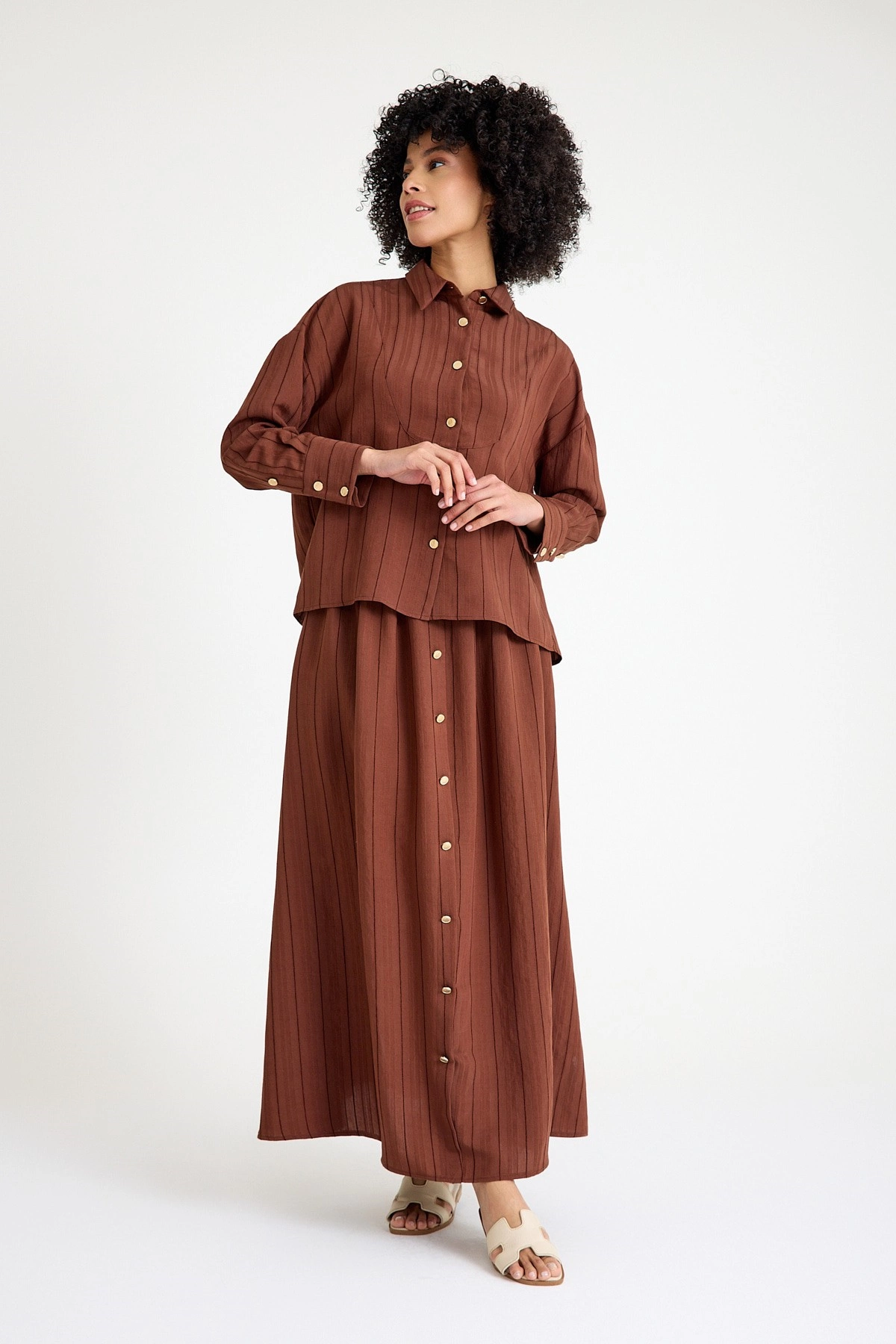 Qanu Düğmeli Etek Takım Kahverengi