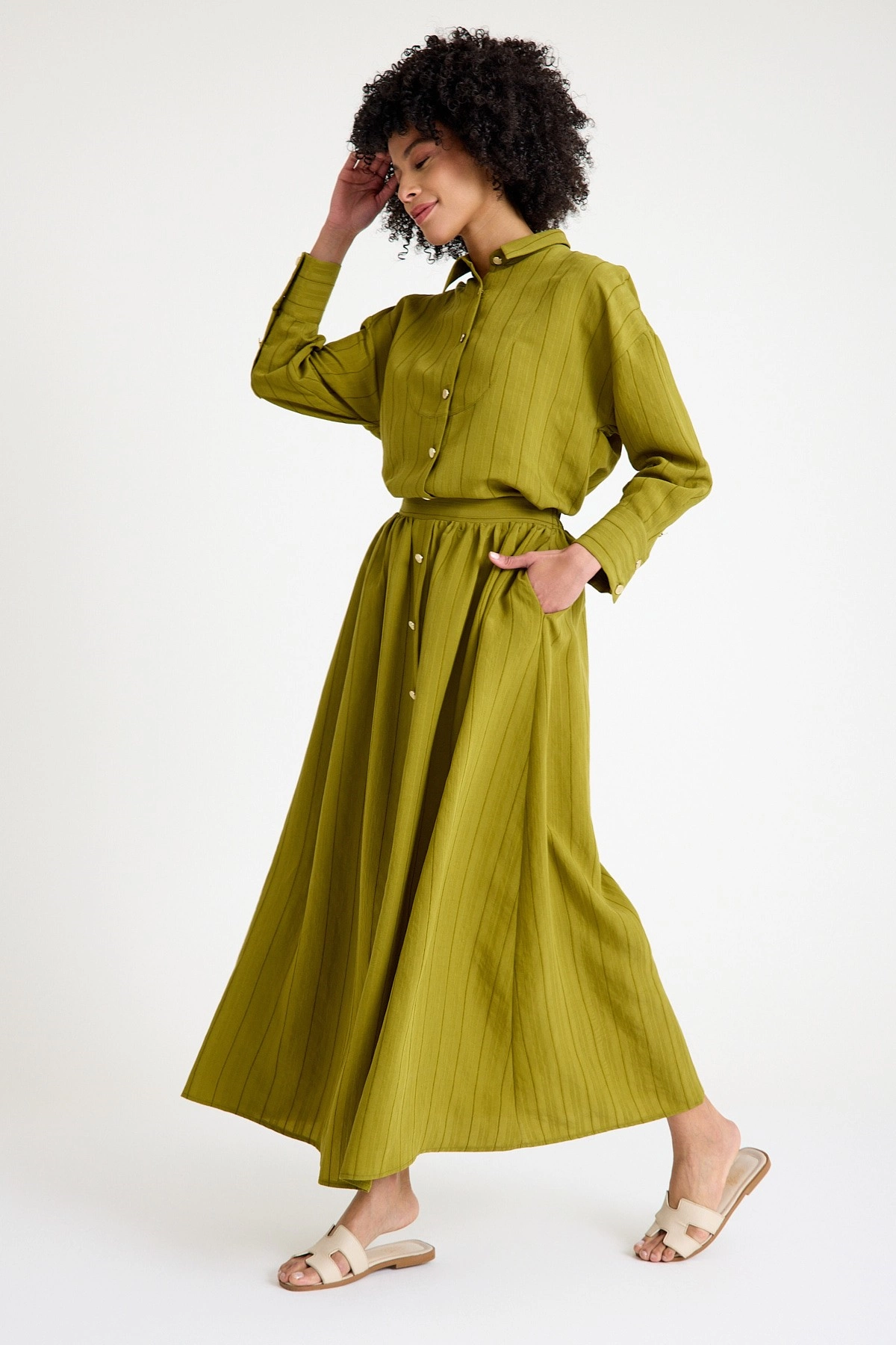 Qanu Düğmeli Etek Takım Yağ Yeşili