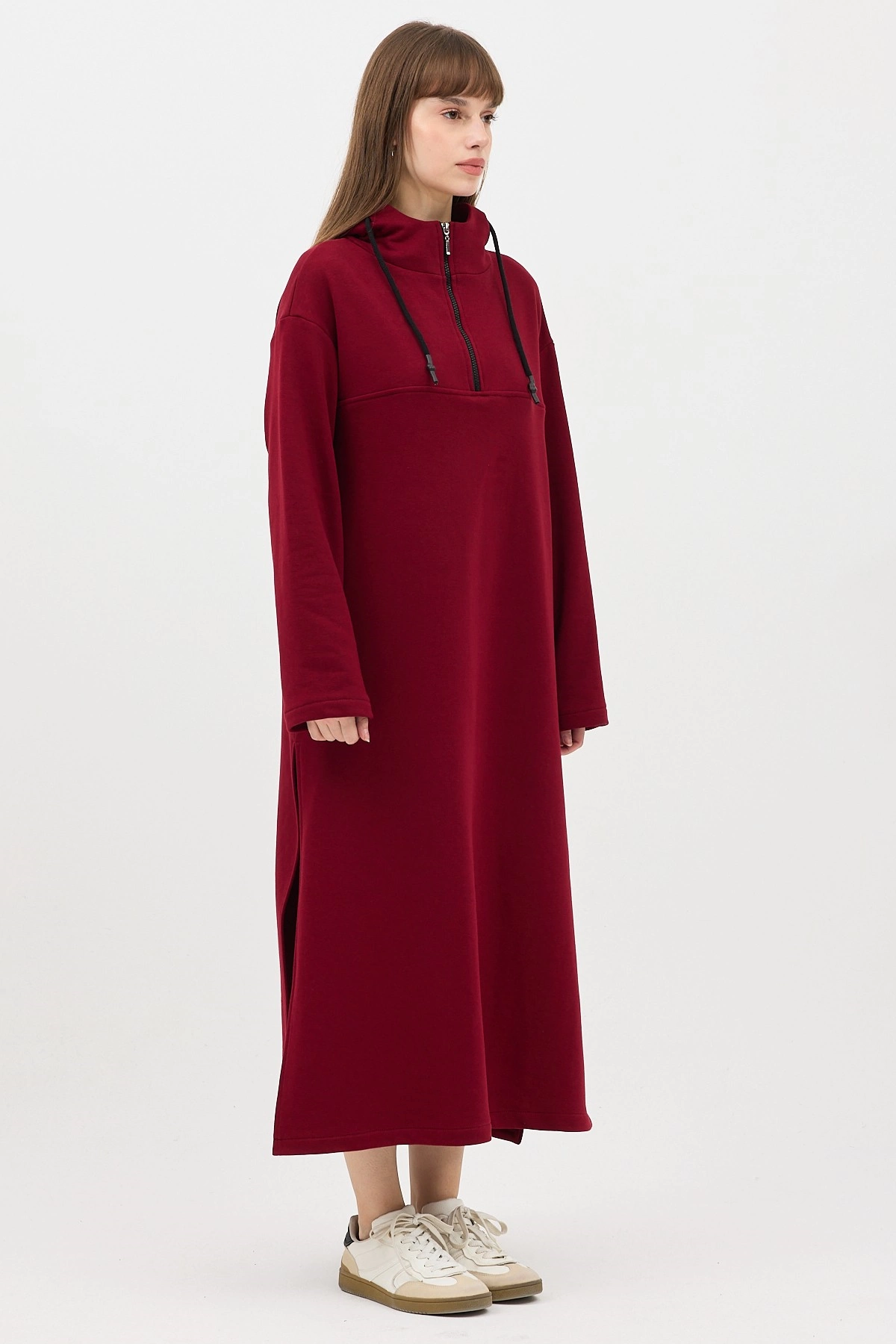 Qanu Fermuarlı Sweatshirt Bordo  - Tesettür Giyim