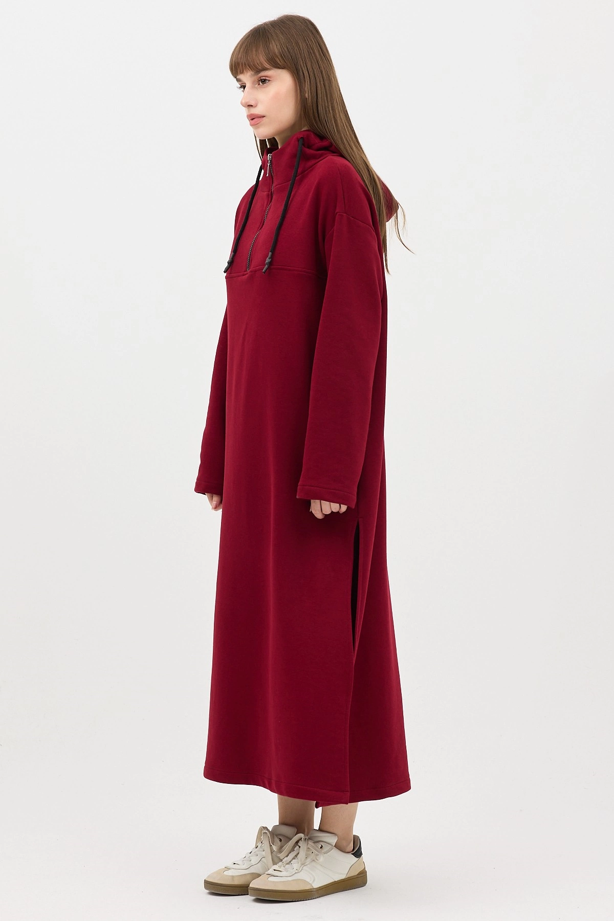 Qanu Fermuarlı Sweatshirt Bordo  - Tesettür Giyim