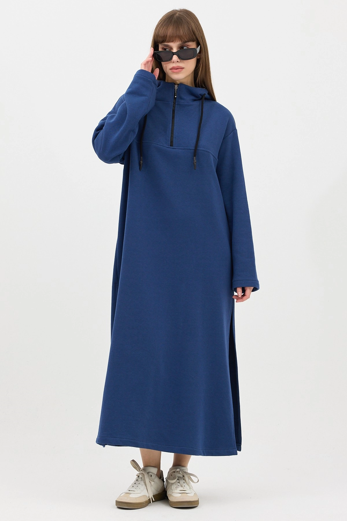 Qanu Fermuarlı Sweatshirt İndigo - Tesettür Giyim