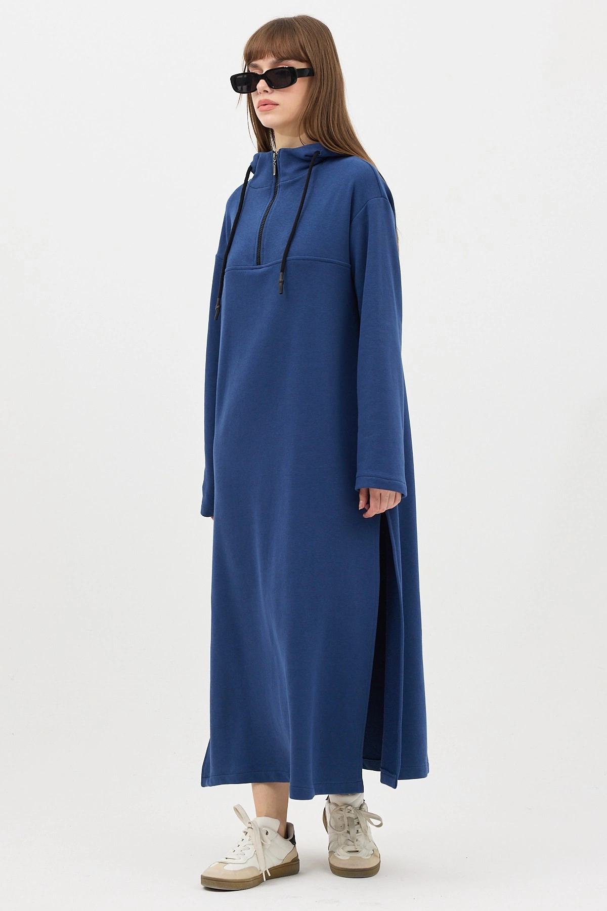 Qanu Fermuarlı Sweatshirt İndigo - Tesettür Giyim