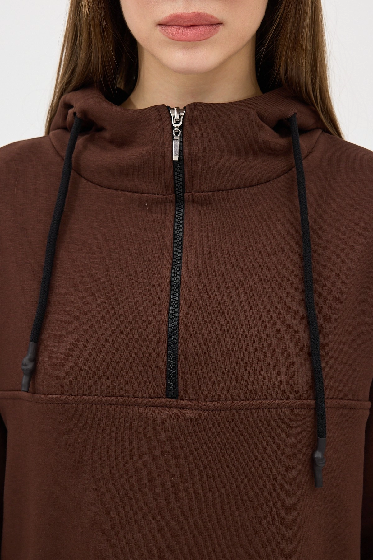 Qanu Fermuarlı Sweatshirt Kahverengi - Tesettür Giyim