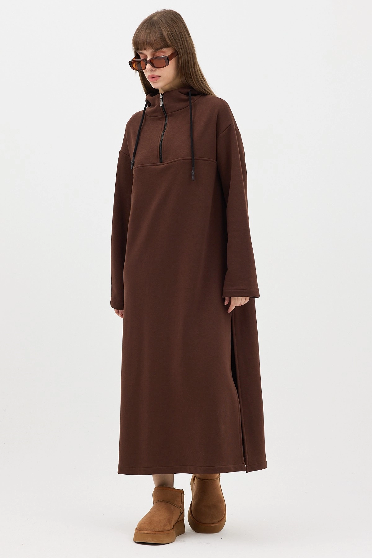 Qanu Fermuarlı Sweatshirt Kahverengi - Tesettür Giyim