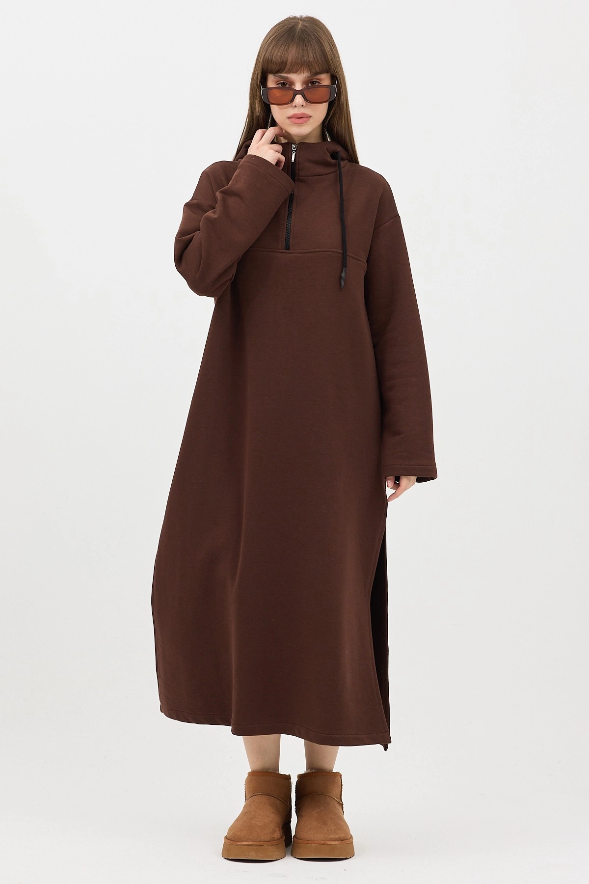 Qanu Fermuarlı Sweatshirt Kahverengi - Tesettür Giyim