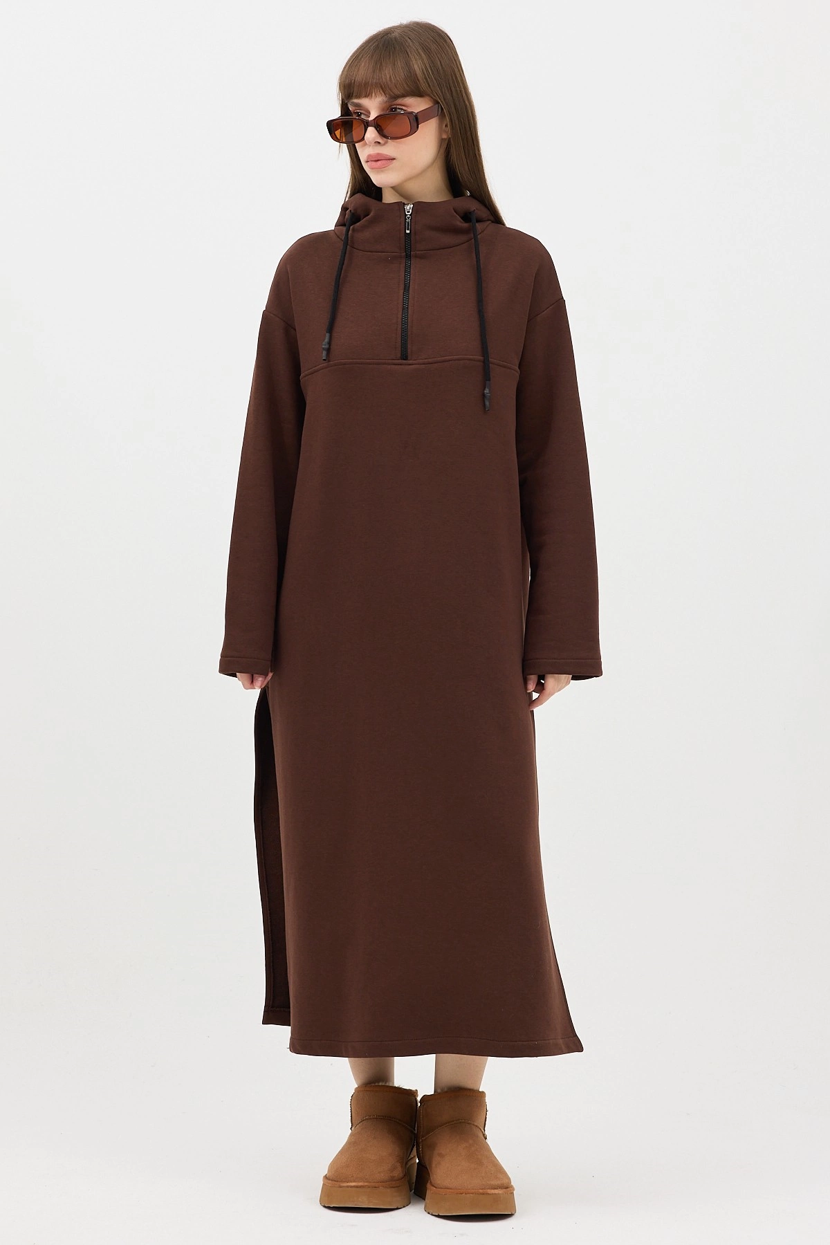 Qanu Fermuarlı Sweatshirt Kahverengi - Tesettür Giyim