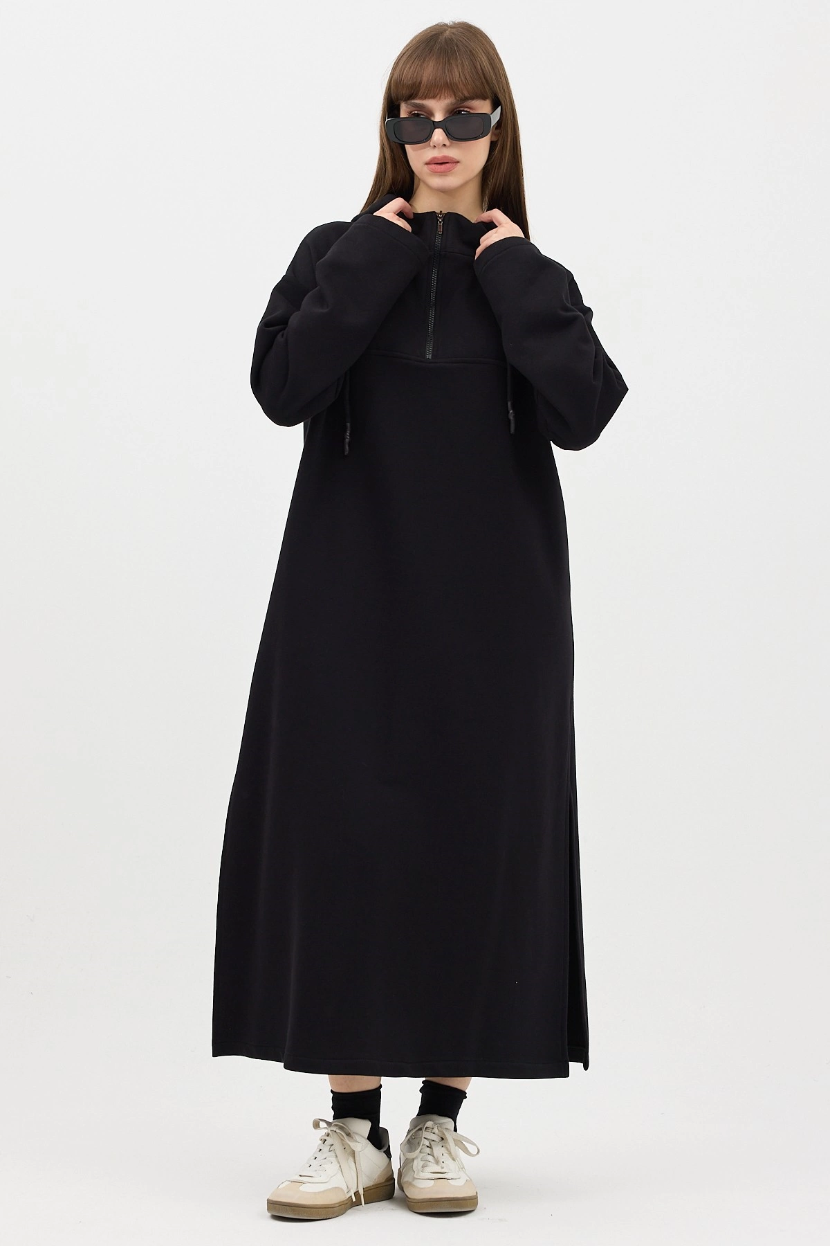 Qanu Fermuarlı Sweatshirt Siyah - Tesettür Giyim