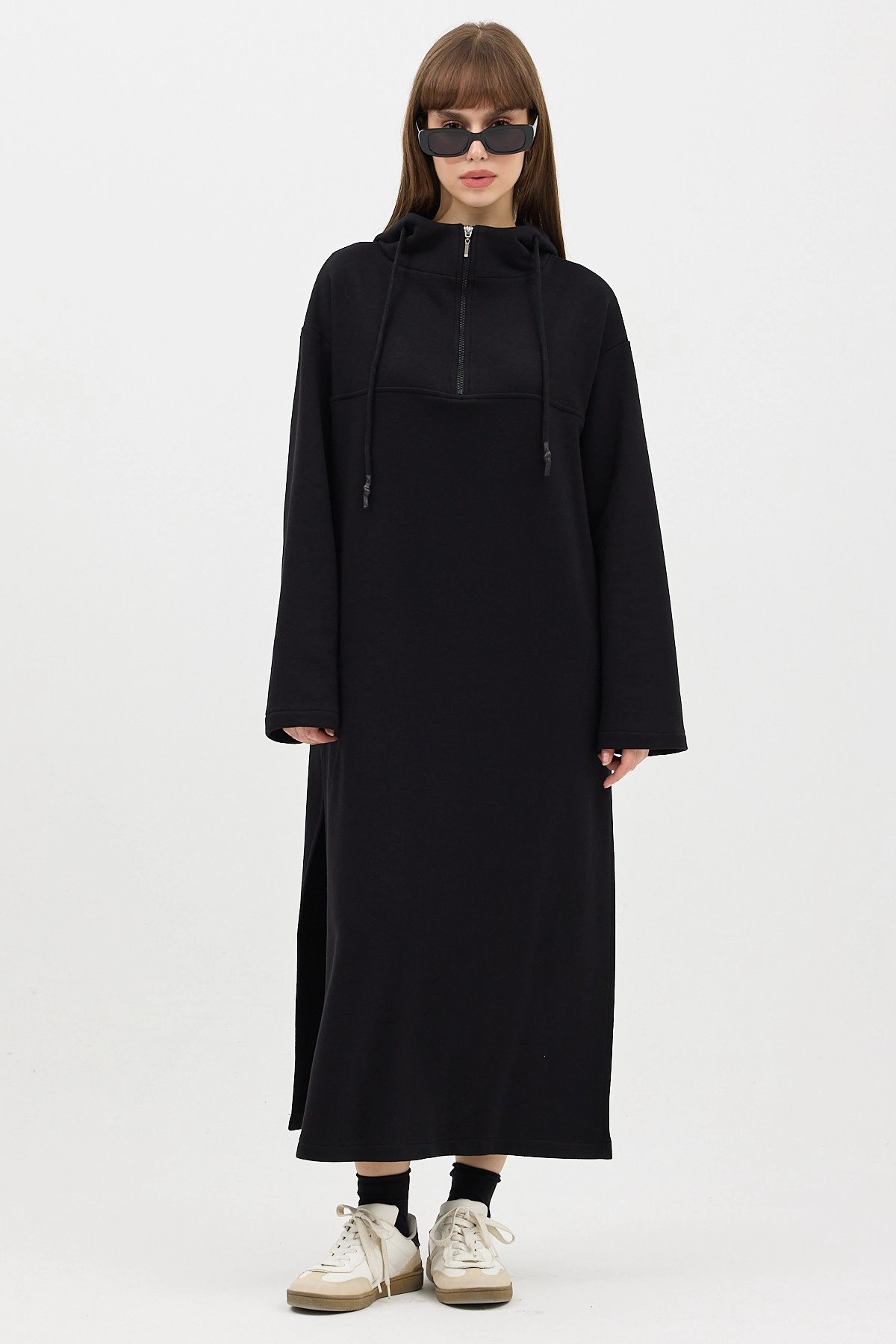 Qanu Fermuarlı Sweatshirt Siyah - Tesettür Giyim