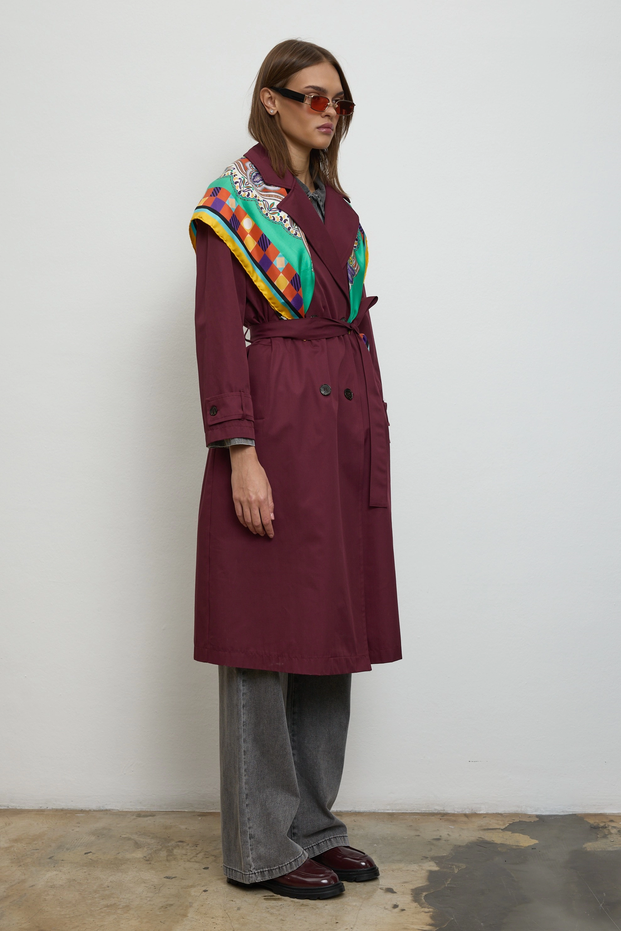 Qanu Floriva Uzun Trençkot Bordo