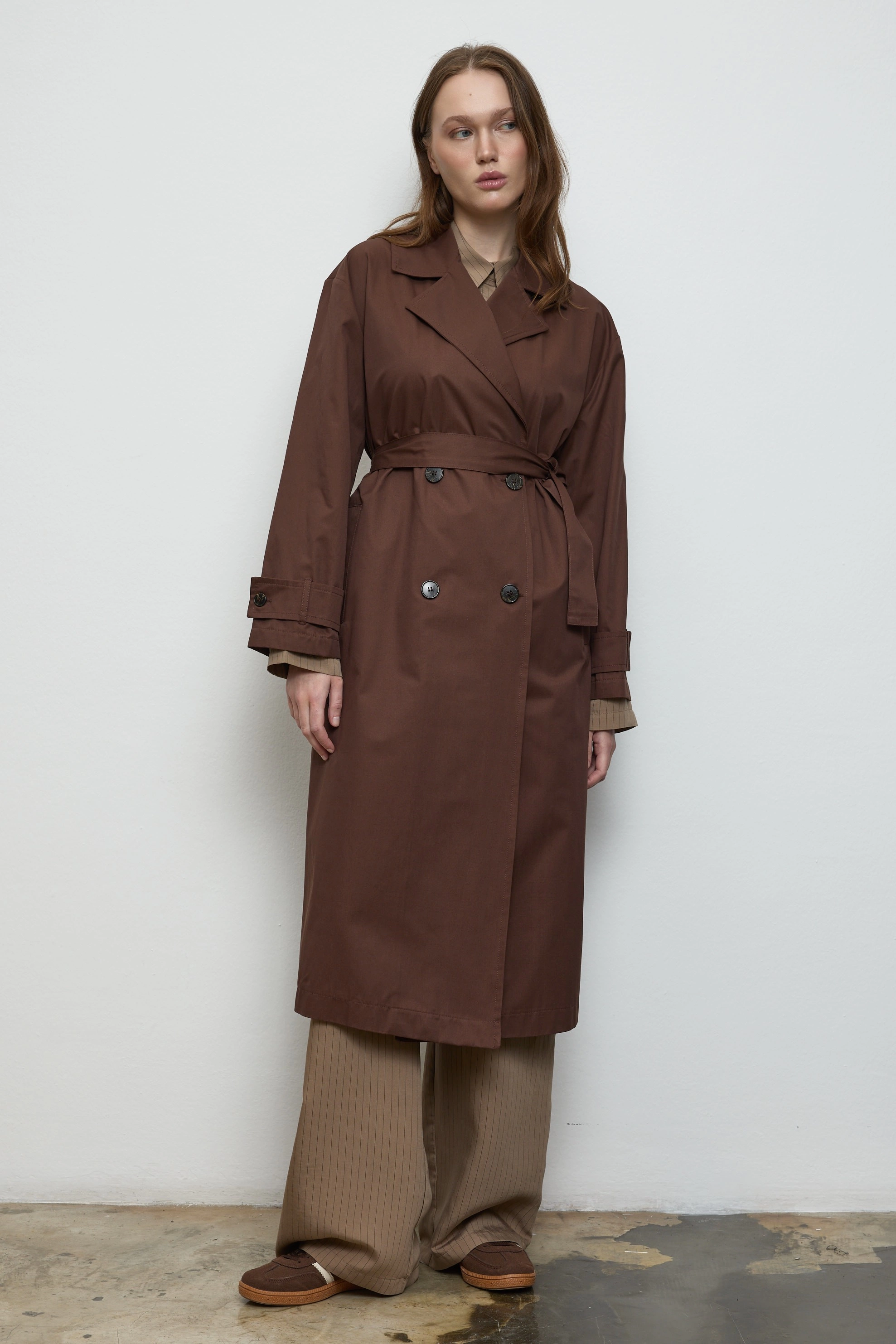 Qanu Floriva Uzun Trençkot Kahverengi