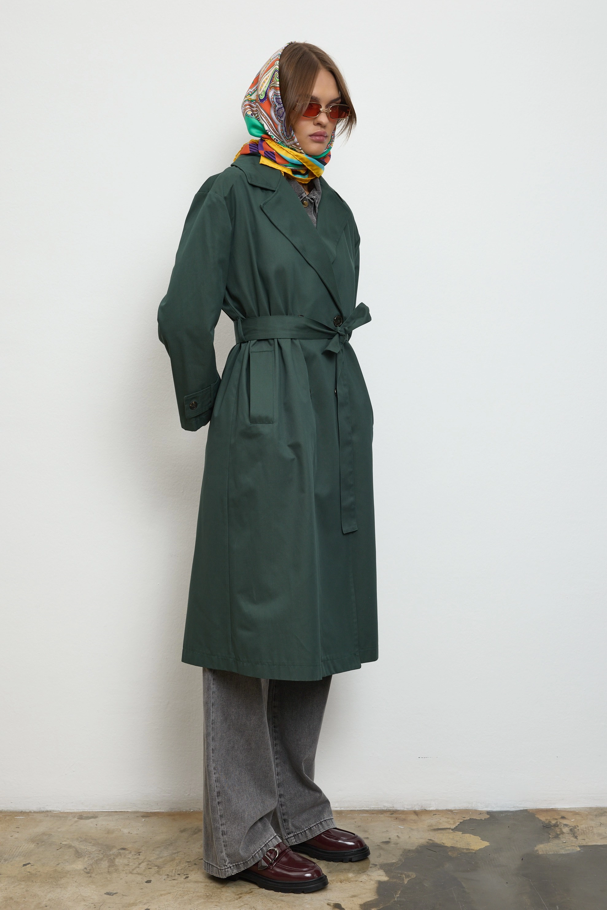 Qanu Floriva Uzun Trençkot Yeşil
