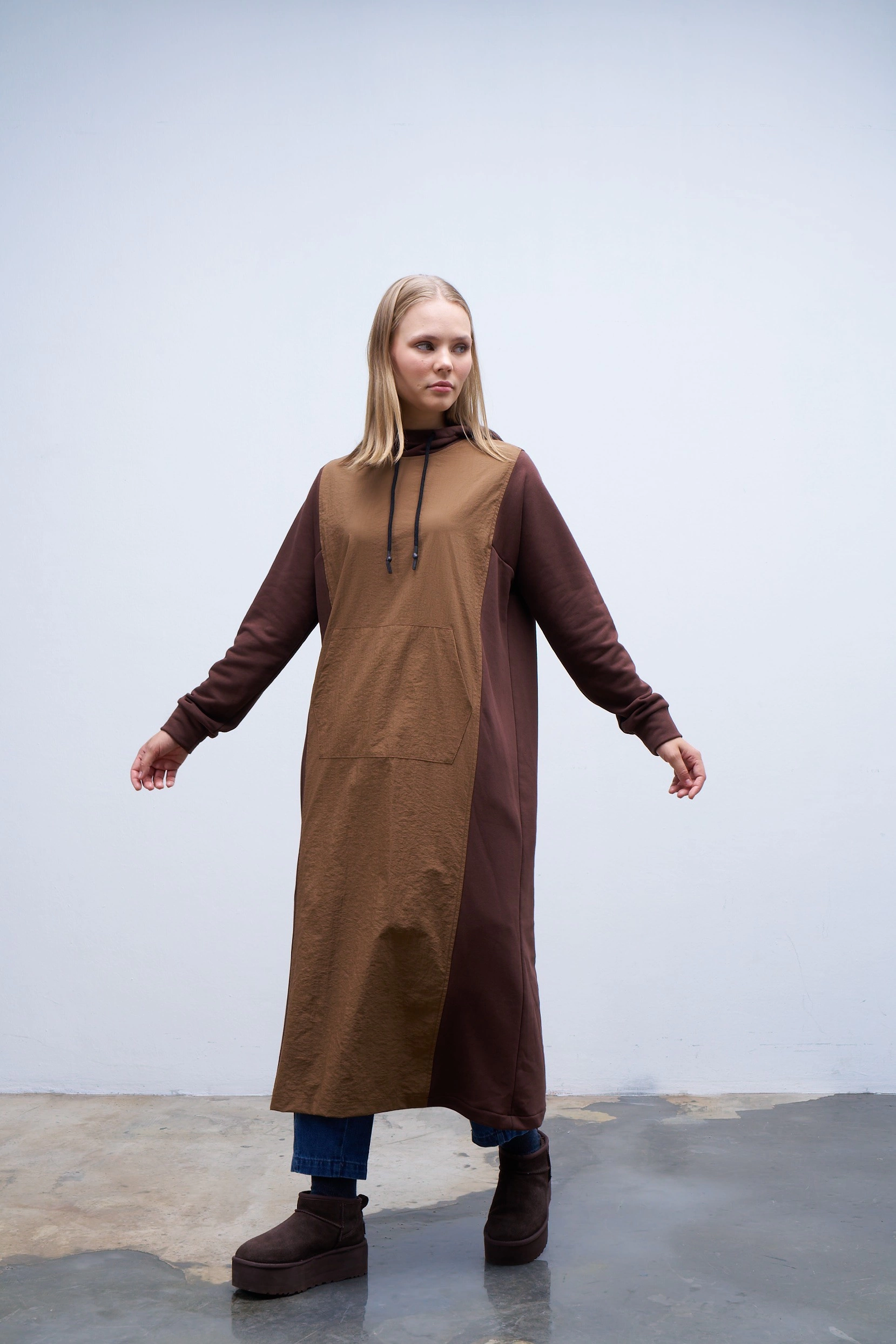 Qanu Garnili Uzun Sweatshirt Kahverengi 