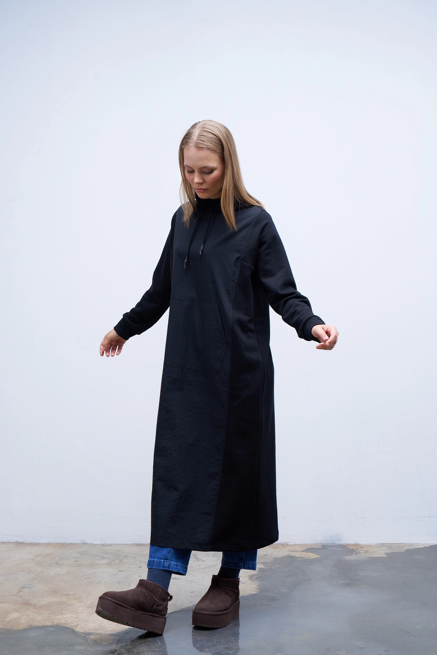 Qanu Garnili Uzun Sweatshirt Siyah  - Tesettür Giyim