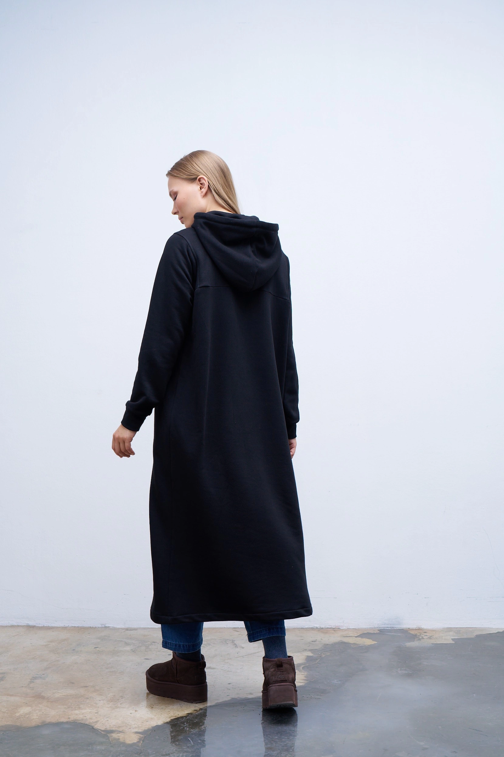 Qanu Garnili Uzun Sweatshirt Siyah  - Tesettür Giyim