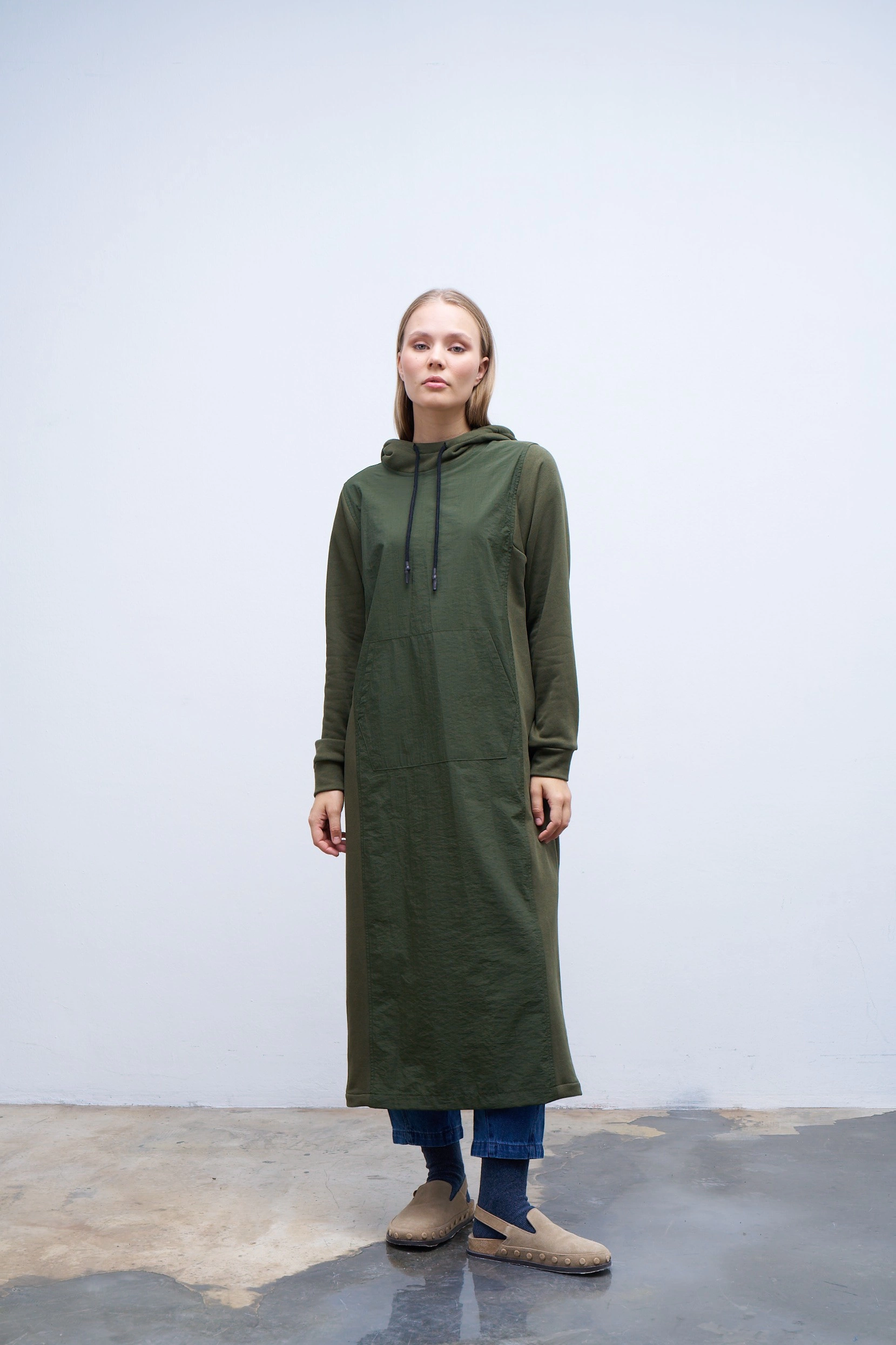 Qanu Garnili Uzun Sweatshirt Yeşil 