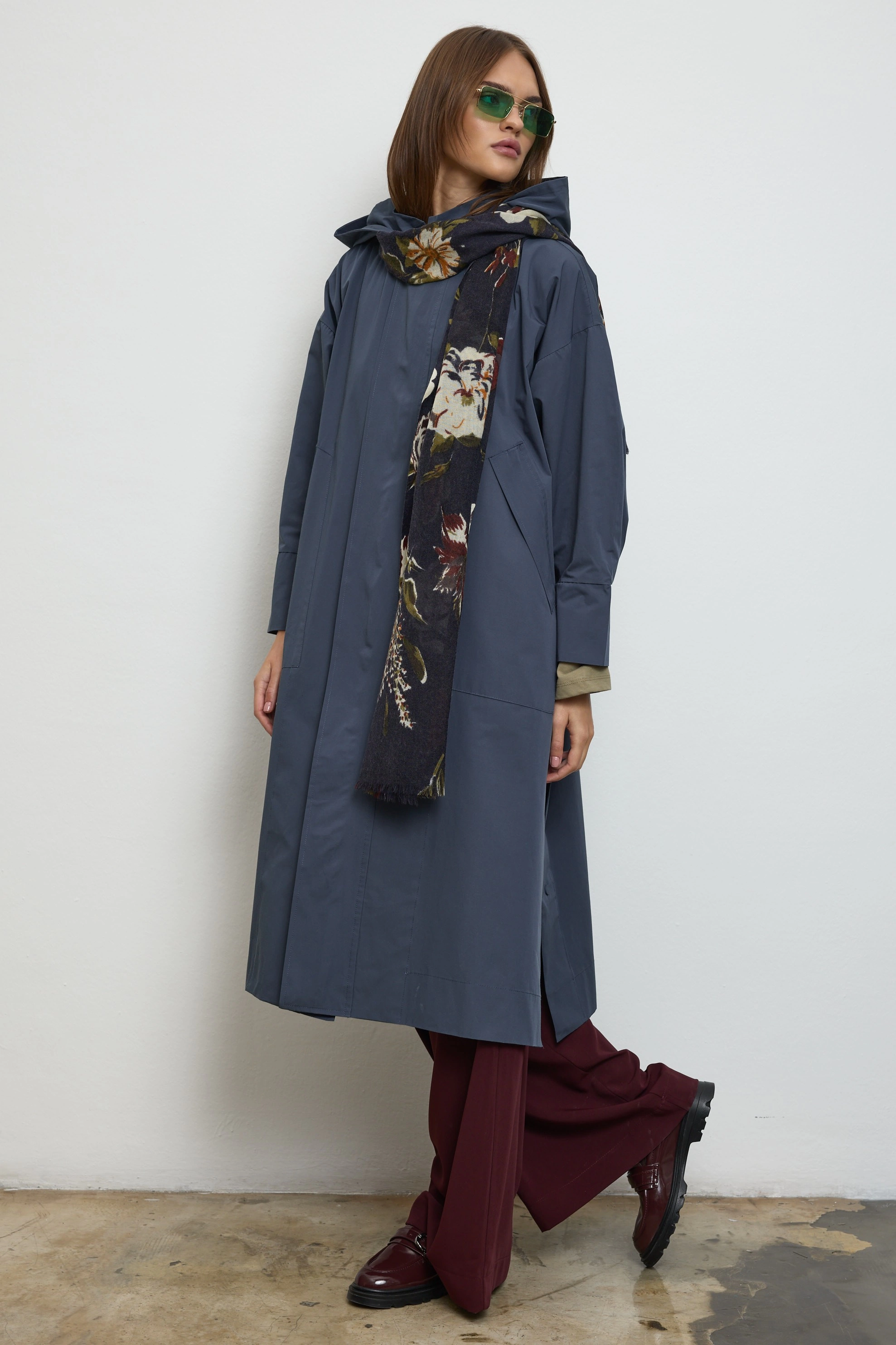 Qanu Kapüşonlu Oversize Yağmurluk İndigo