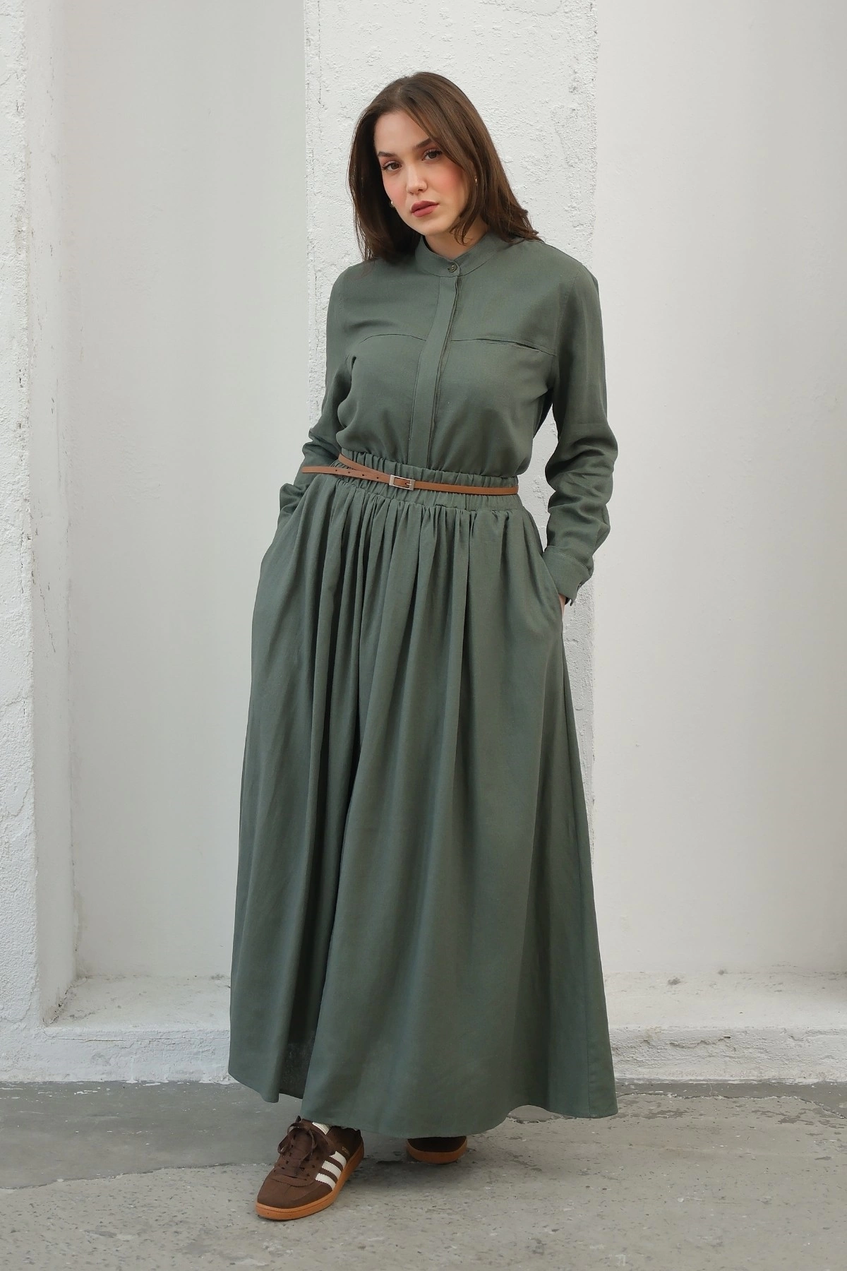 Qanu Keten Etekli Takım Yeşil 