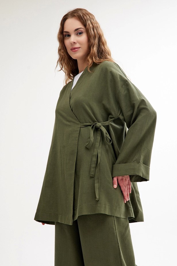 Qanu Keten Kimono Yeşil  - Tesettür Giyim