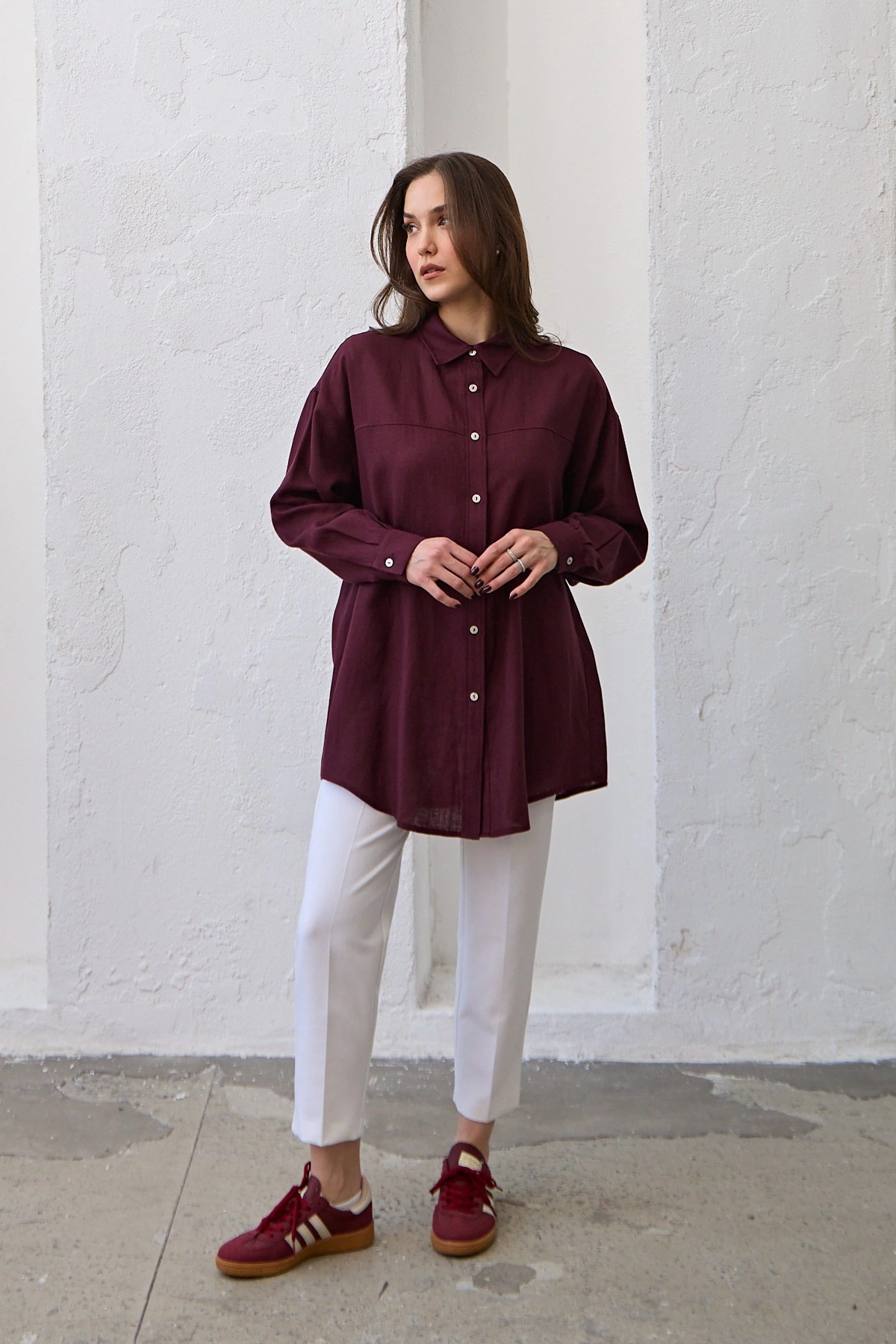 Qanu Keten Kısa Gömlek Bordo