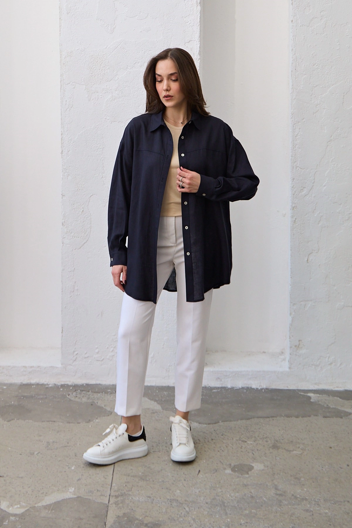 Qanu Keten Kısa Gömlek Lacivert