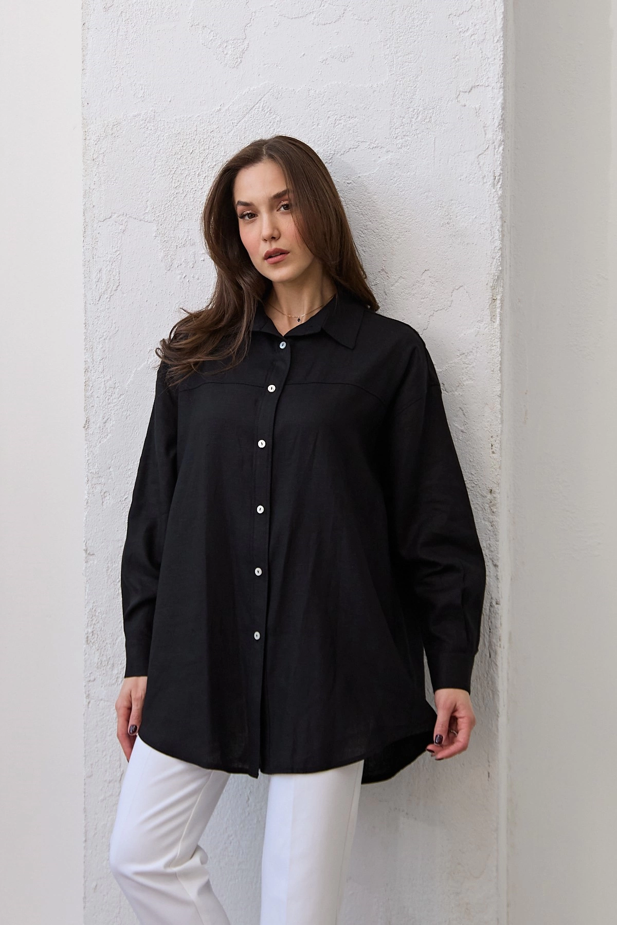 Qanu Keten Kısa Gömlek Siyah 