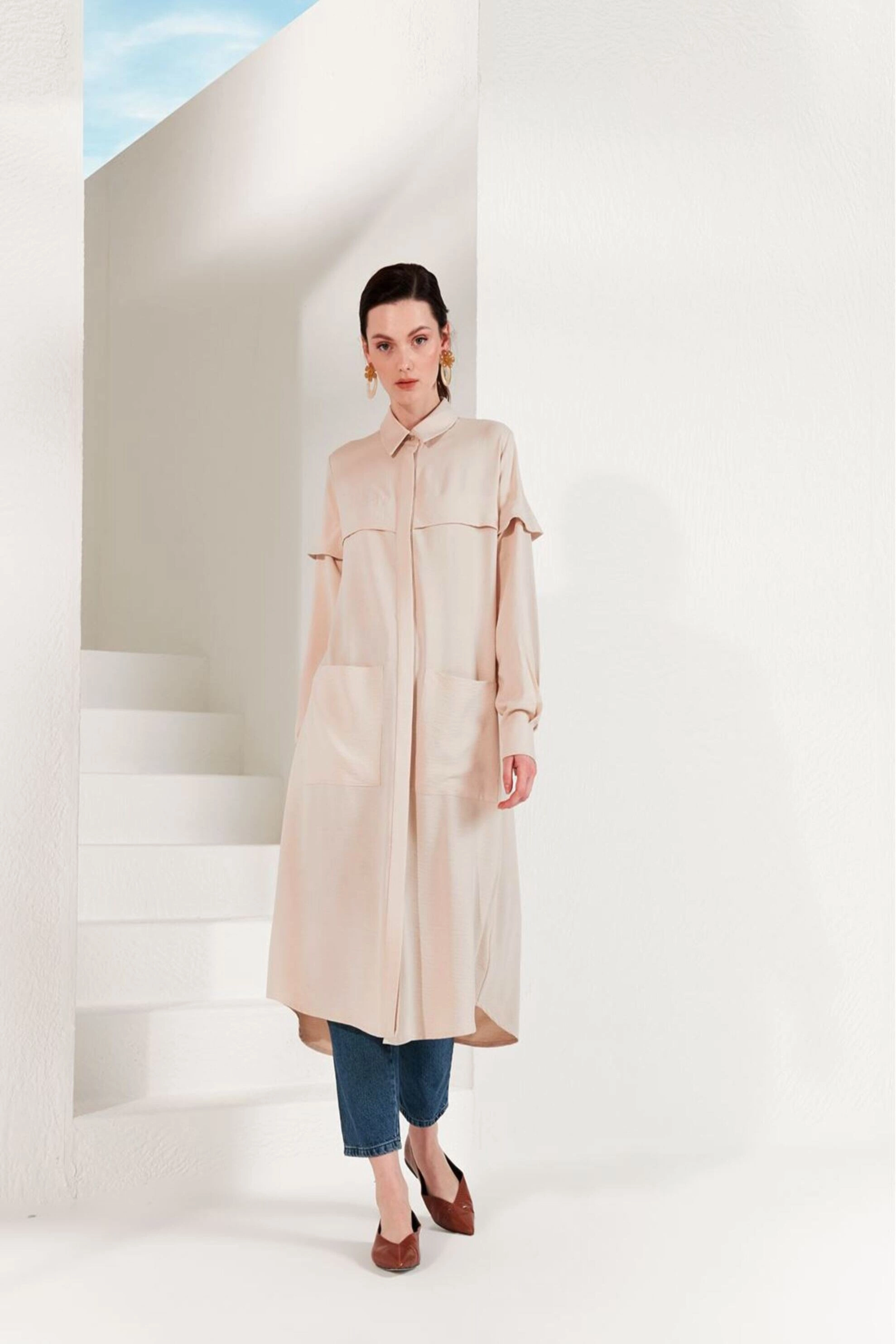 Qanu Kolları Aller Detaylı Cepli Gömlek Bej