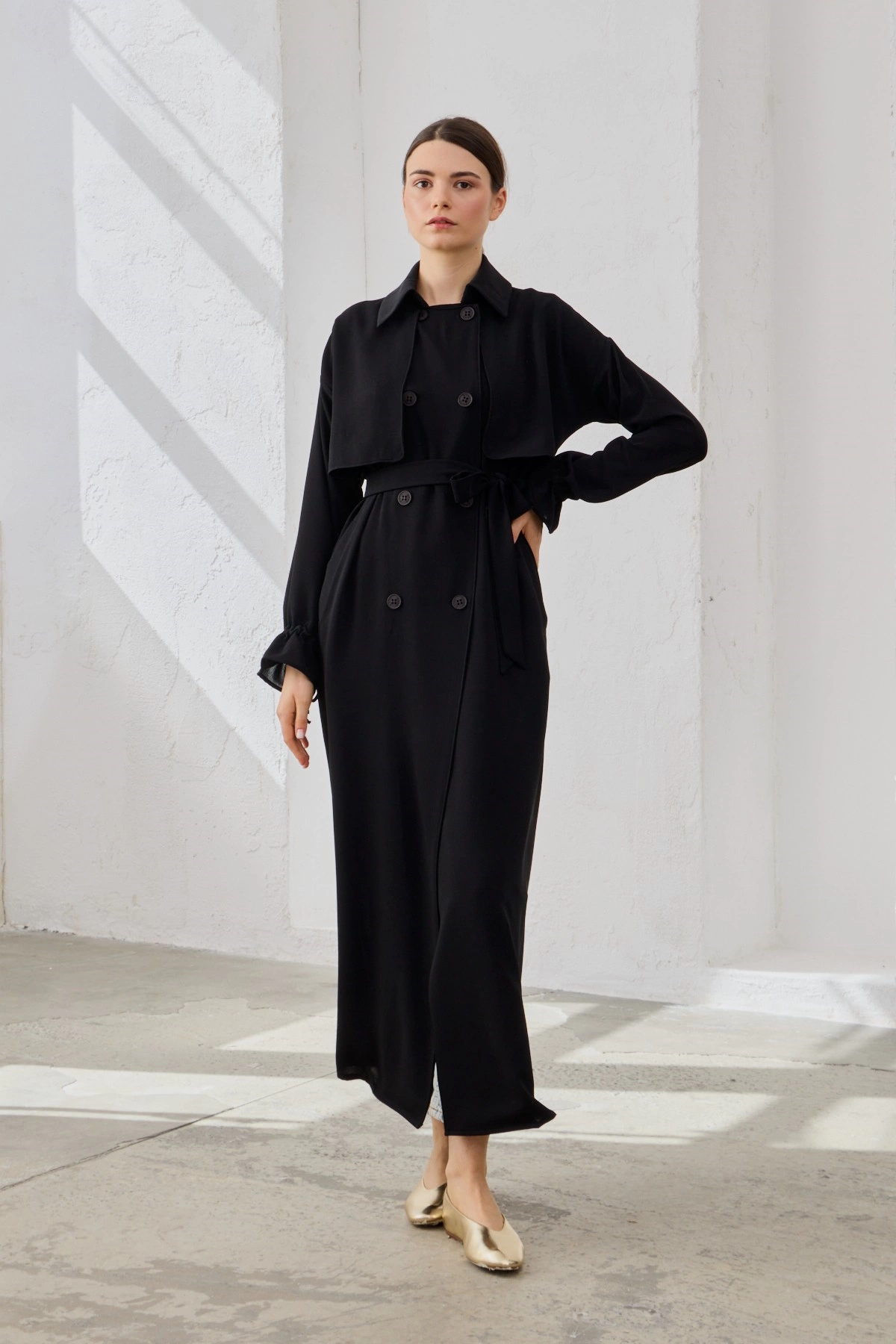 Qanu Kuşaklı Ferace Siyah  - Tesettür Giyim