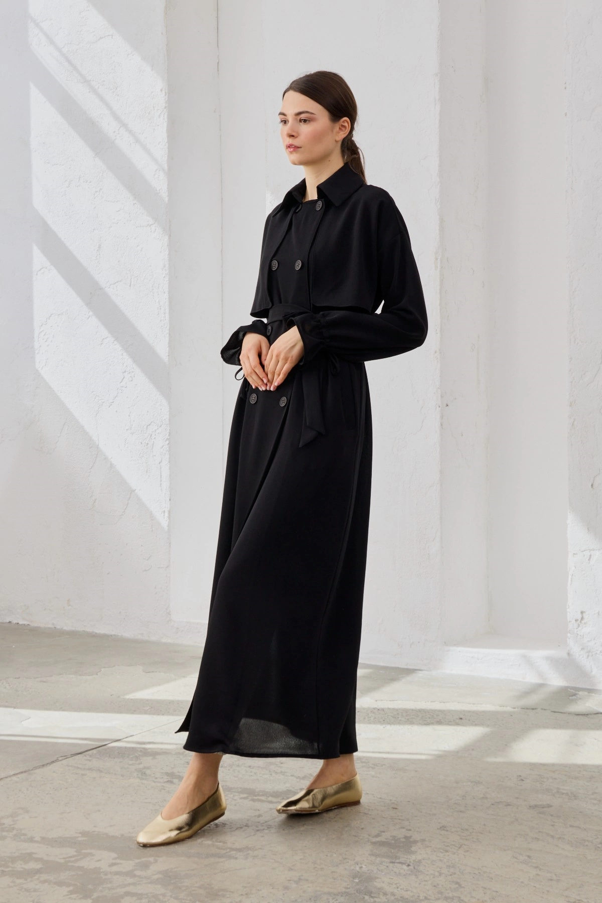 Qanu Kuşaklı Ferace Siyah  - Tesettür Giyim