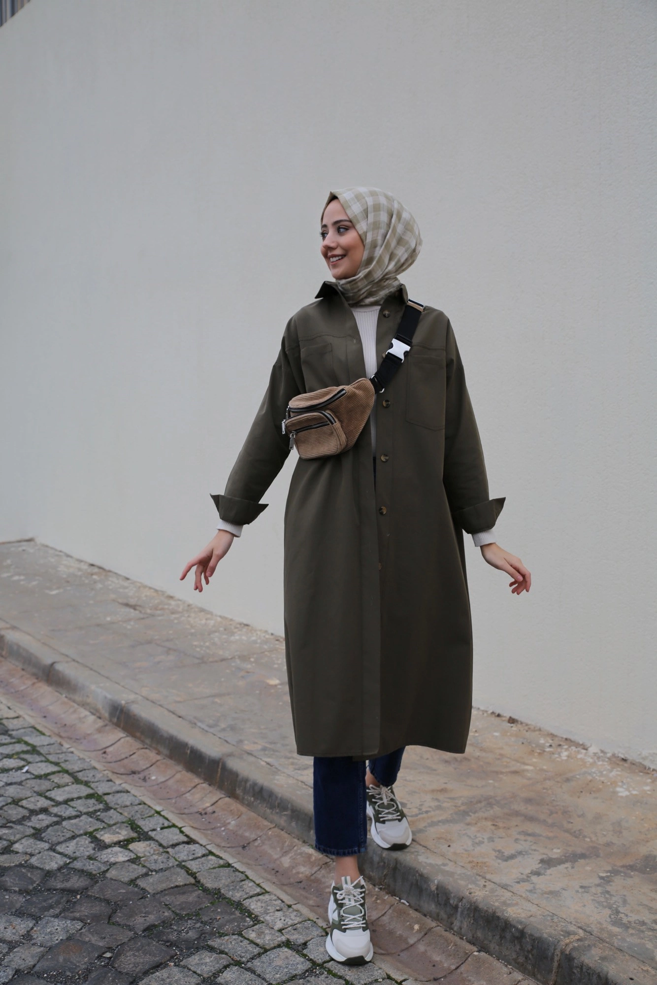 Qanu Kuşaklı Uzun Kanvas Gömlek Haki