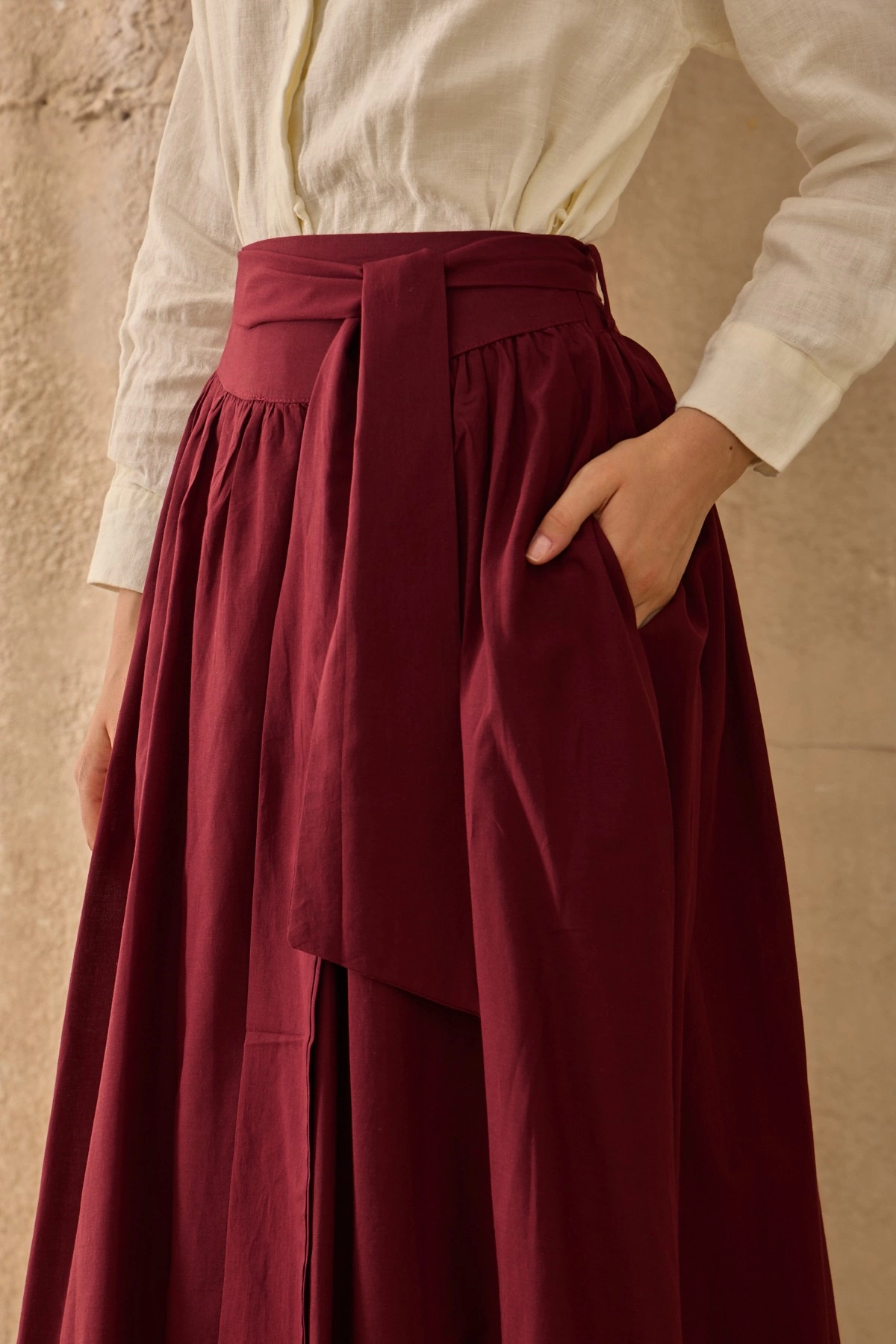 Qanu Kuşaklı Vual Etek Bordo