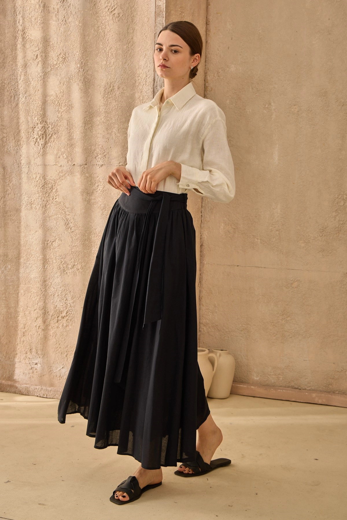 Qanu Kuşaklı Vual Etek Siyah 