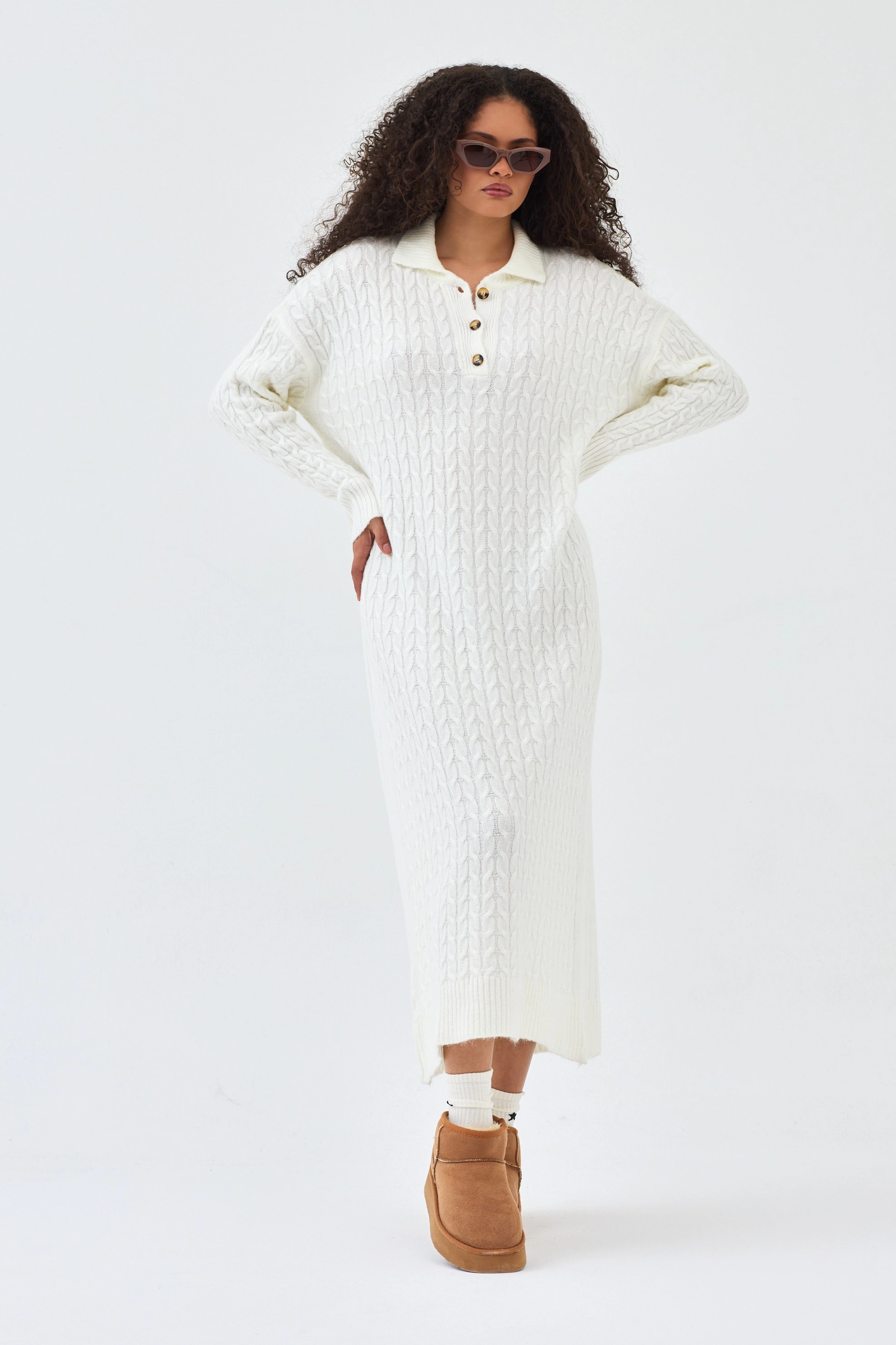 Qanu Lalezar Triko Elbise Beyaz  - Tesettür Giyim