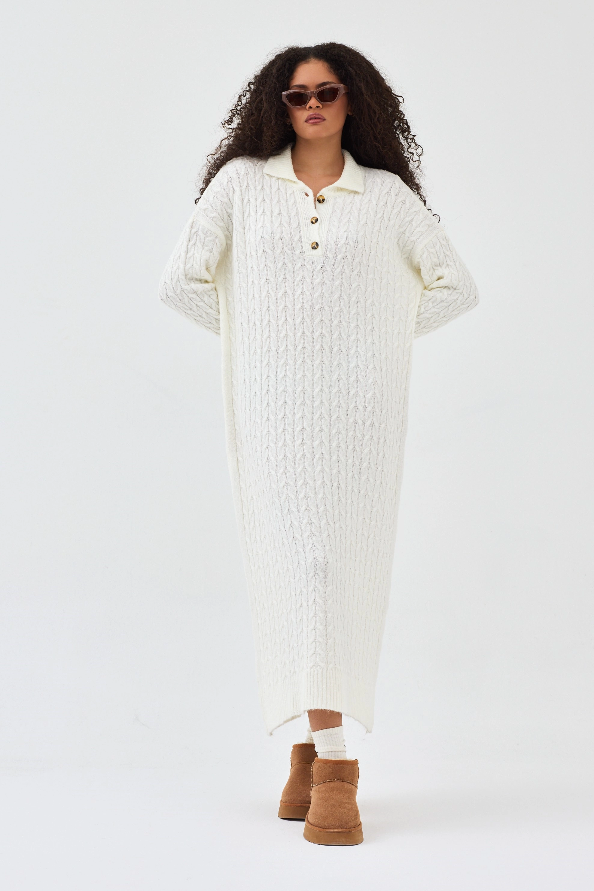 Qanu Lalezar Triko Elbise Beyaz  - Tesettür Giyim