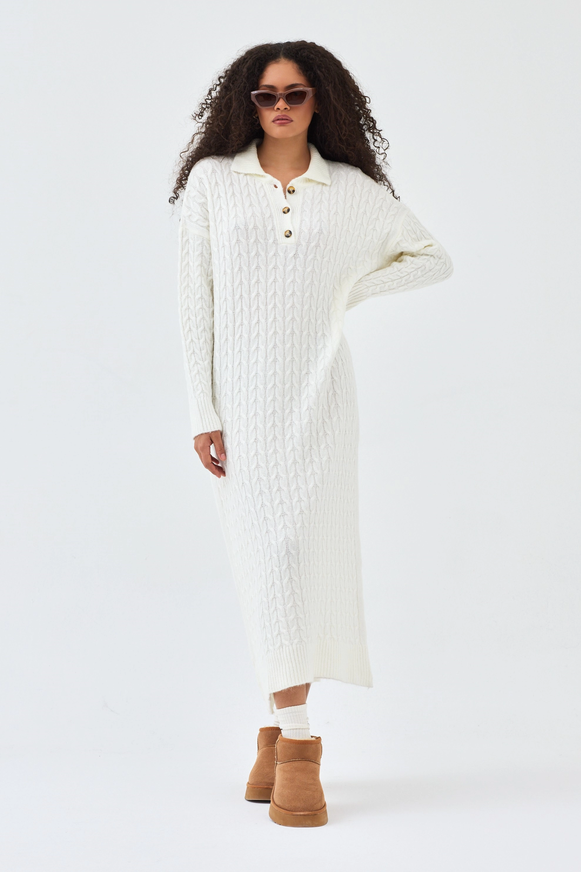 Qanu Lalezar Triko Elbise Beyaz  - Tesettür Giyim