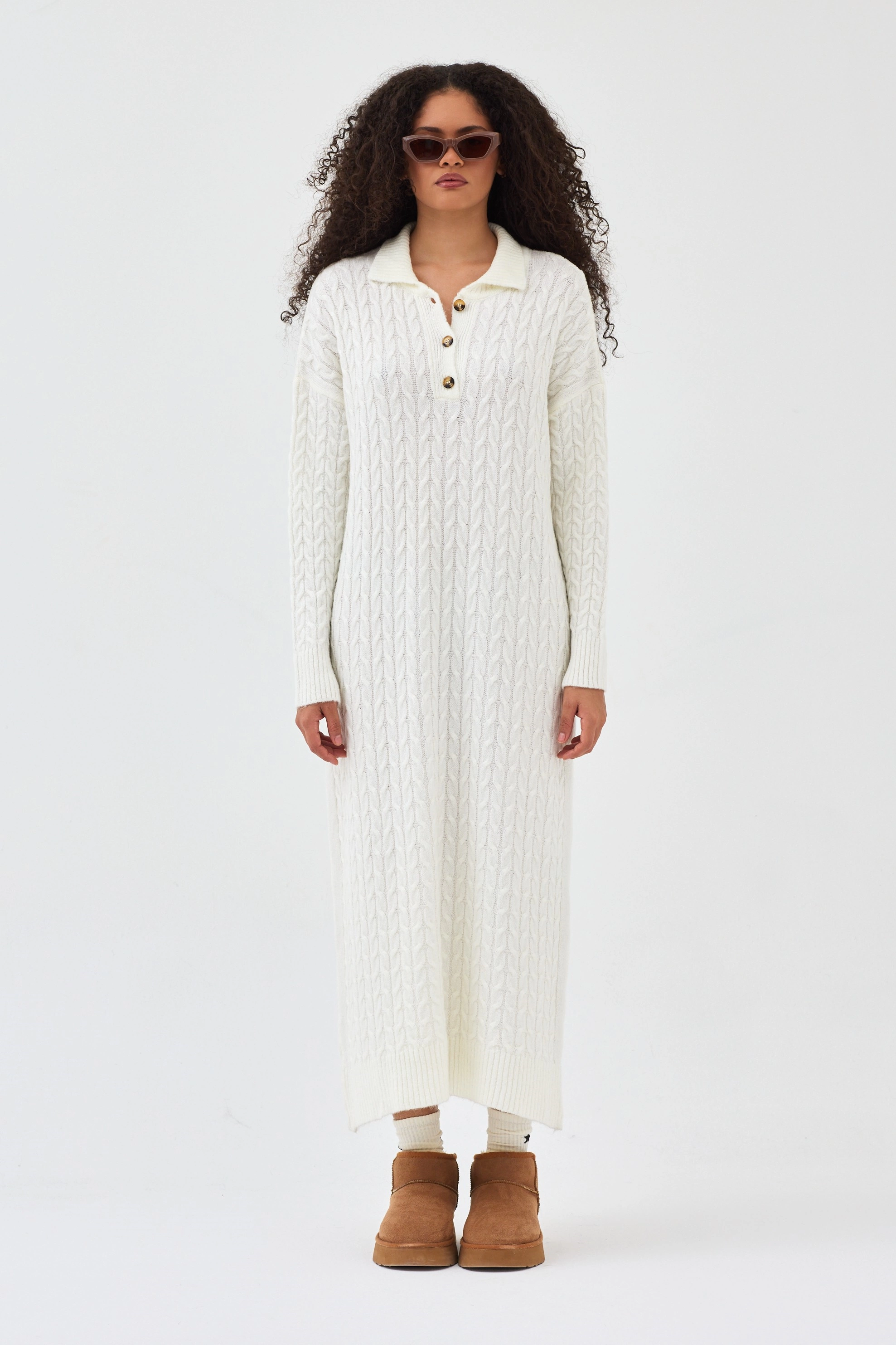 Qanu Lalezar Triko Elbise Beyaz 