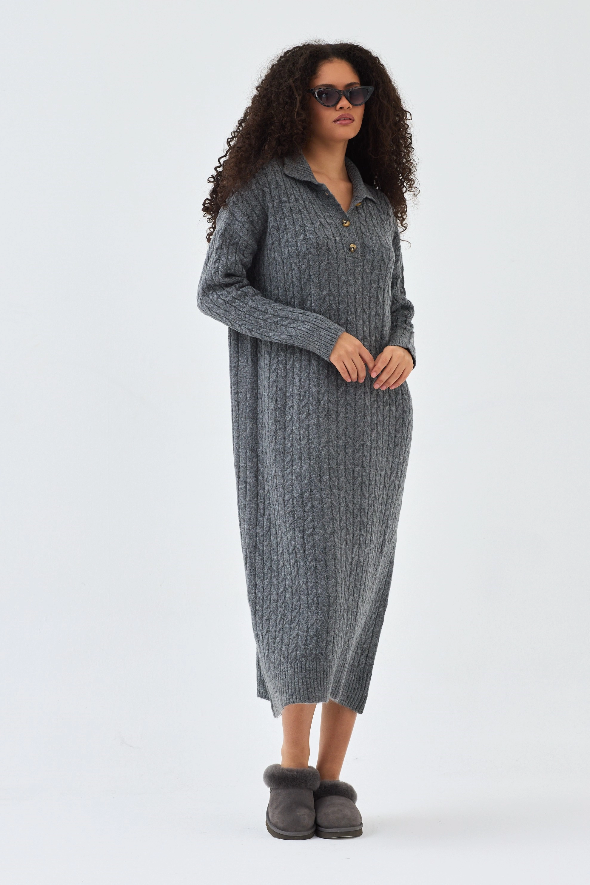 Qanu Lalezar Triko Elbise Gri - Tesettür Giyim