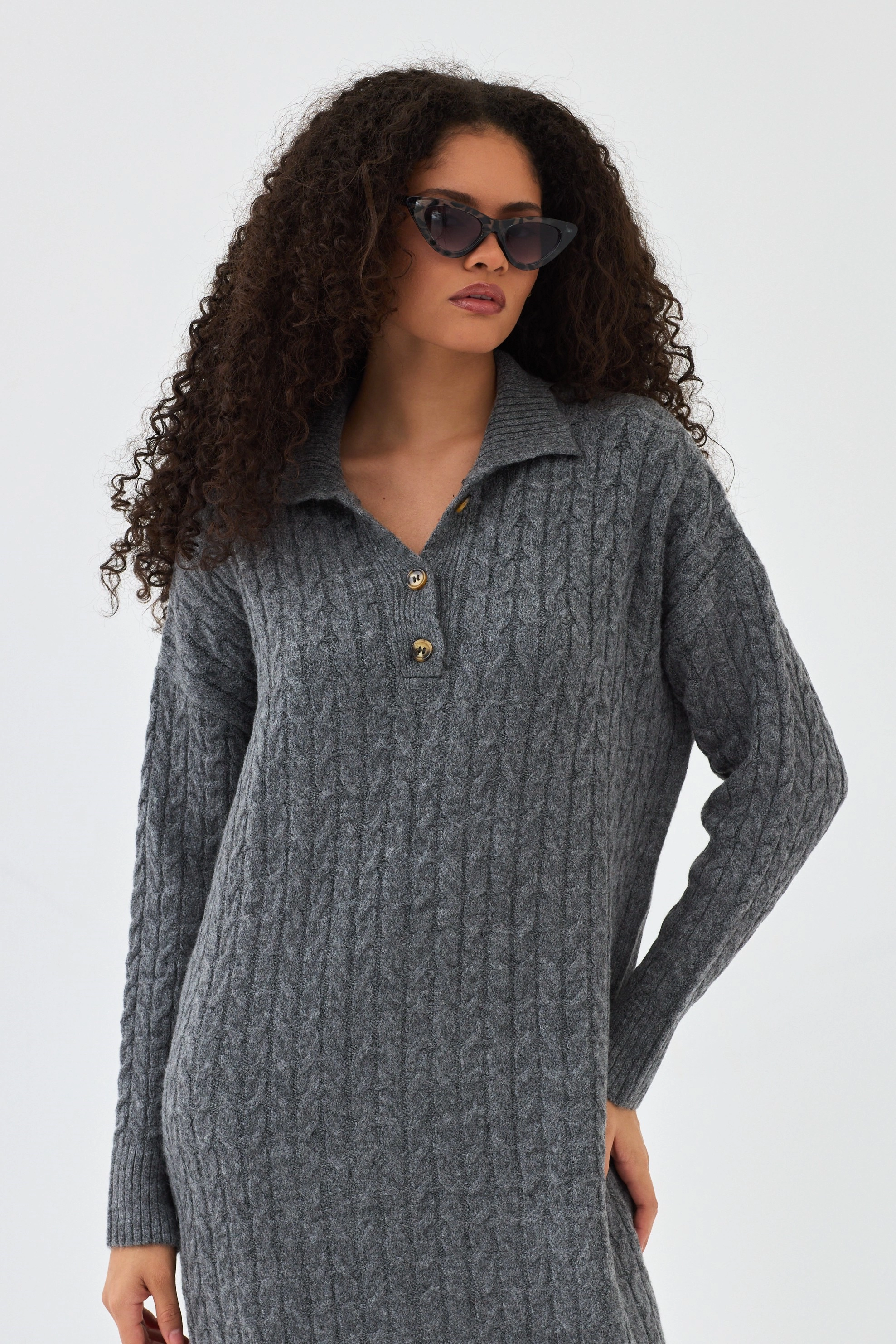 Qanu Lalezar Triko Elbise Gri - Tesettür Giyim