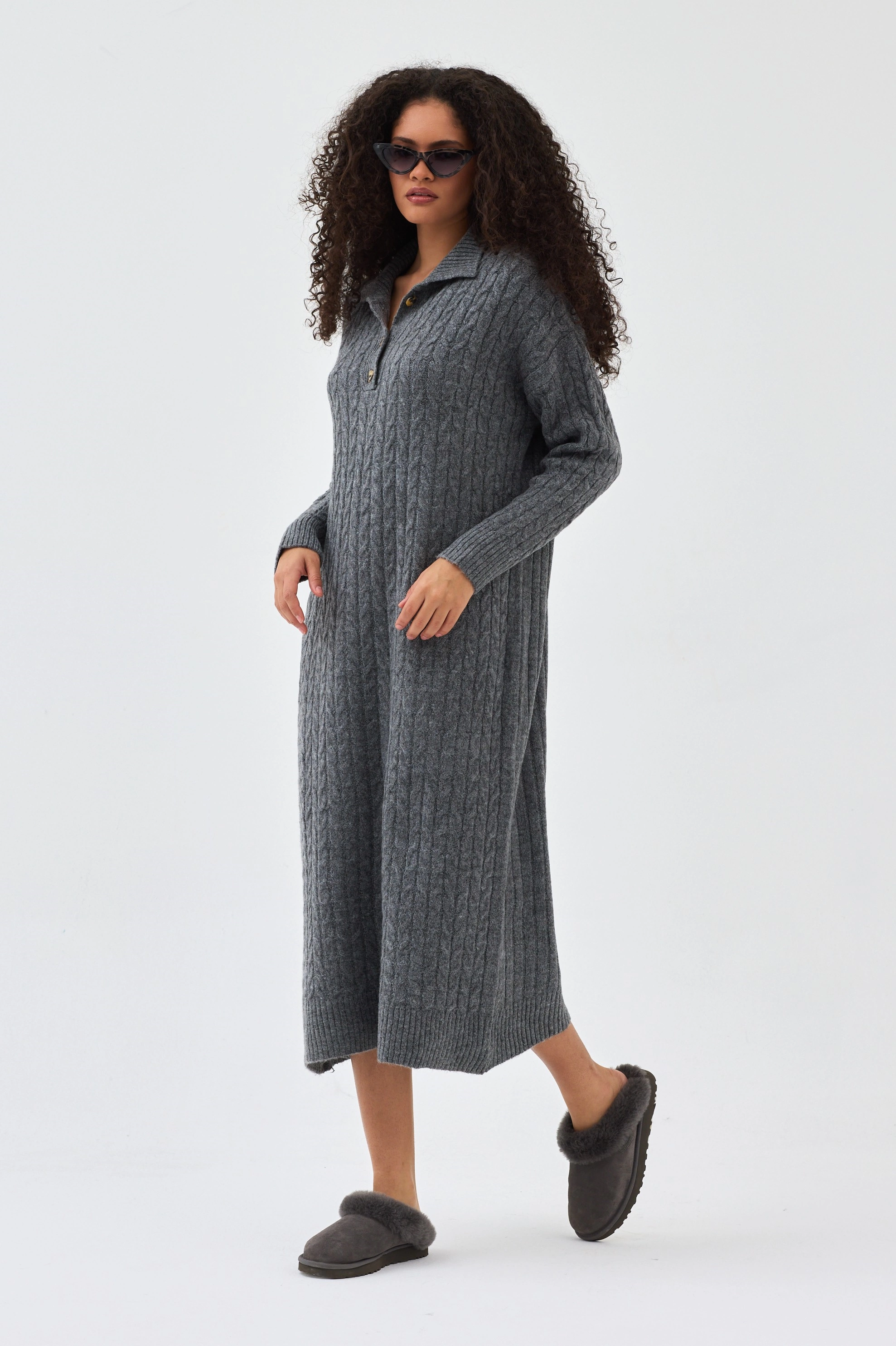 Qanu Lalezar Triko Elbise Gri - Tesettür Giyim