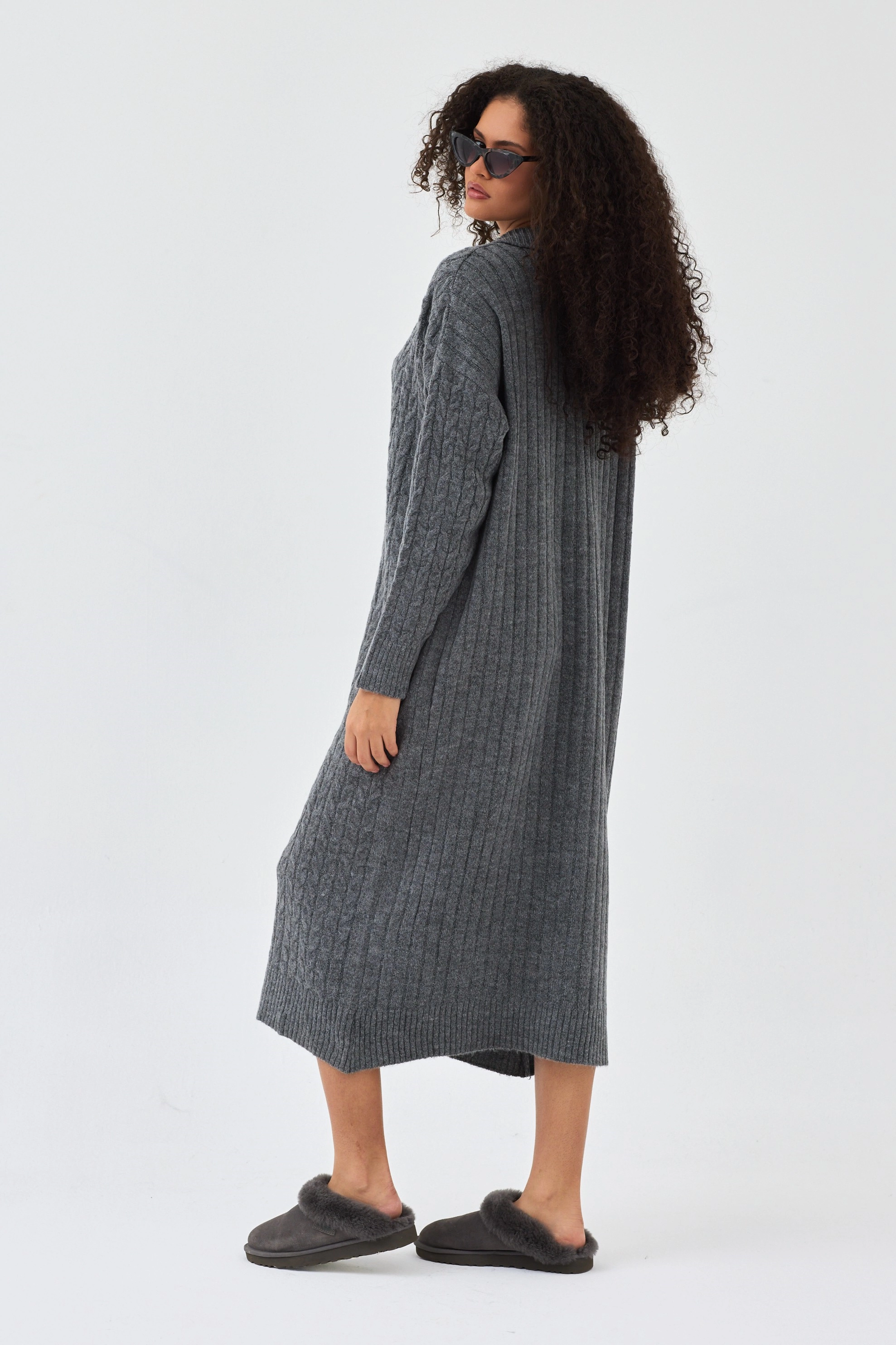 Qanu Lalezar Triko Elbise Gri - Tesettür Giyim