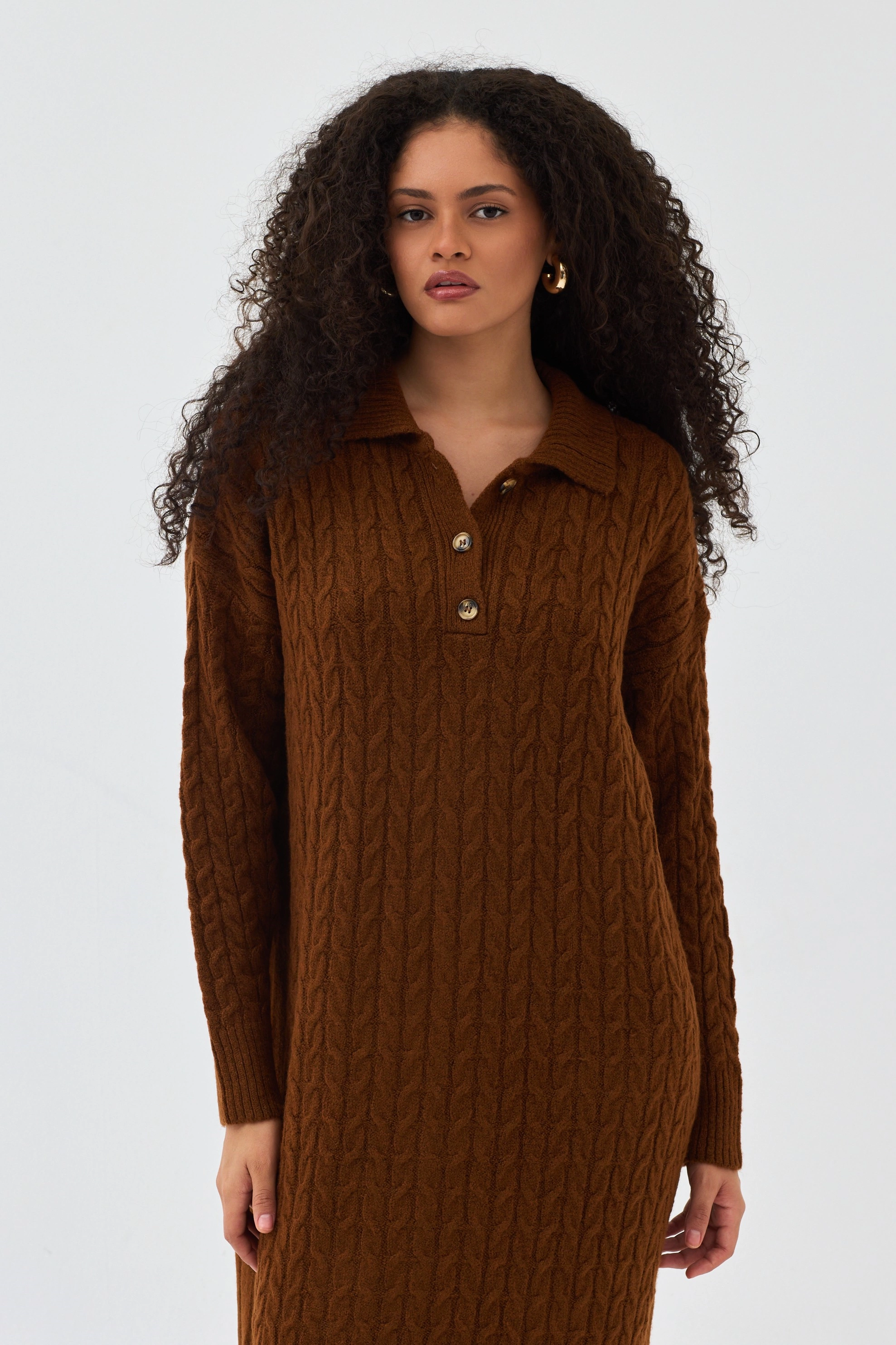 Qanu Lalezar Triko Elbise Kahverengi - Tesettür Giyim