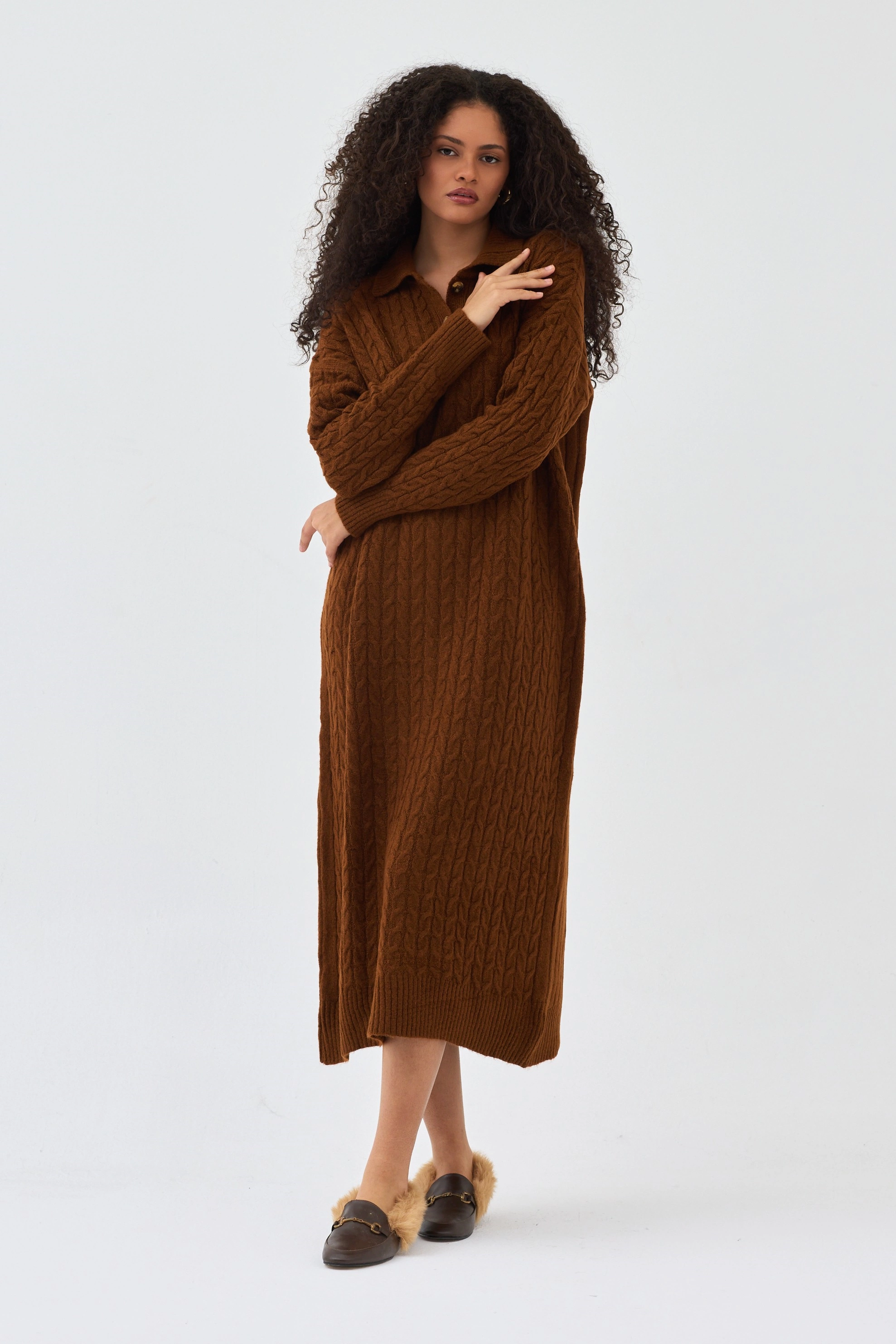 Qanu Lalezar Triko Elbise Kahverengi - Tesettür Giyim