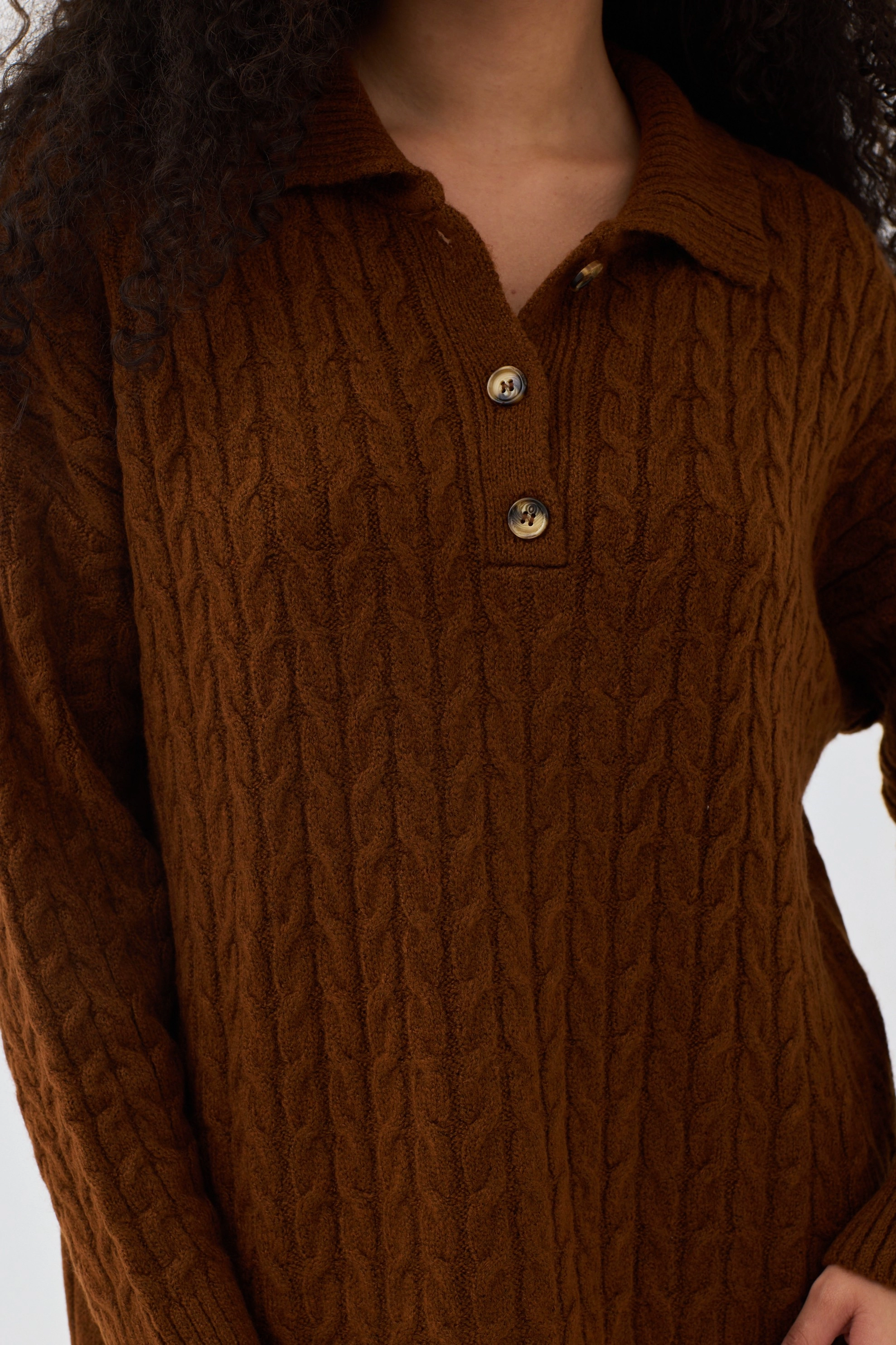 Qanu Lalezar Triko Elbise Kahverengi - Tesettür Giyim